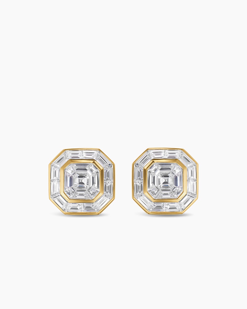 Mens Deco Stud Earrings in Yellow Gold with Diamonds