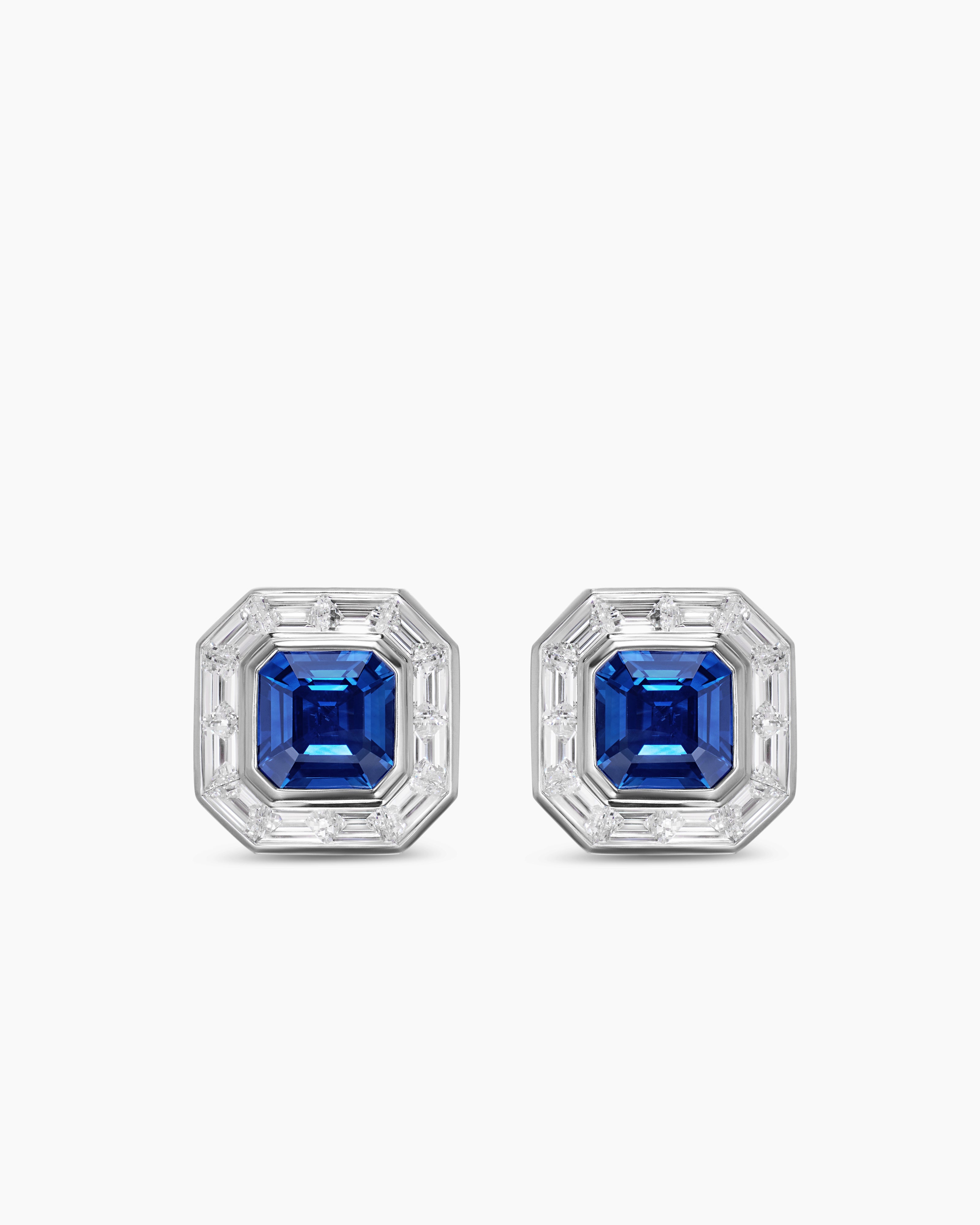 Mens Deco Stud Earrings in Platinum with Sapphires and Diamonds