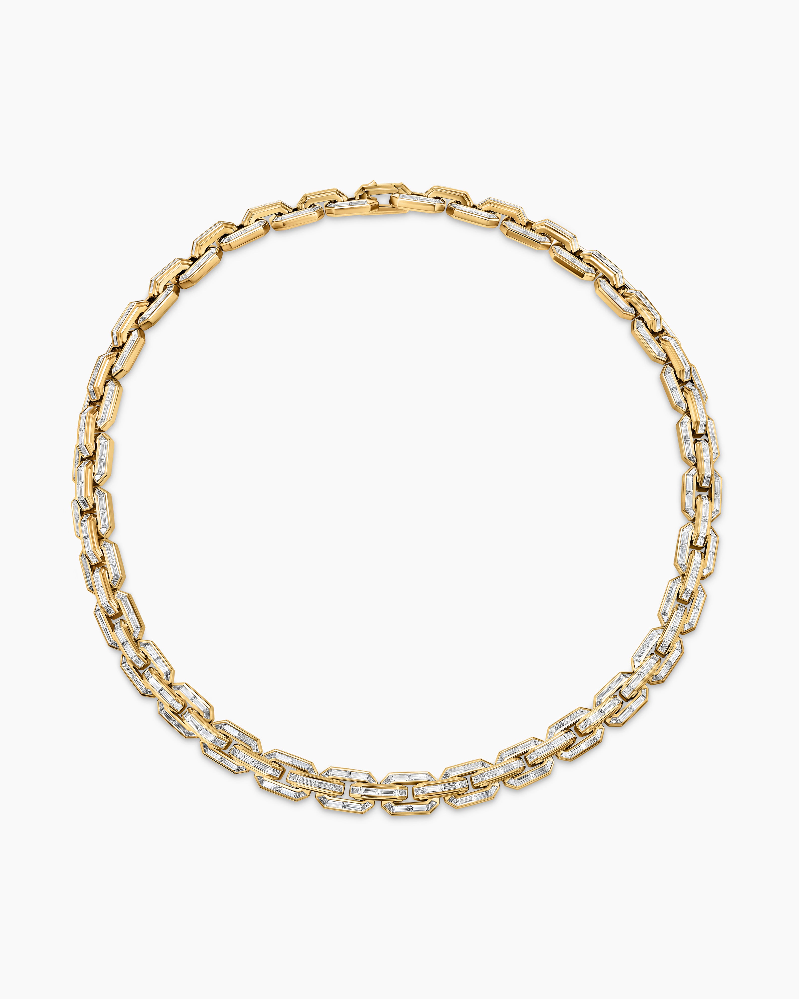 Mens Deco Baguette Link Necklace in Yellow Gold with Diamonds