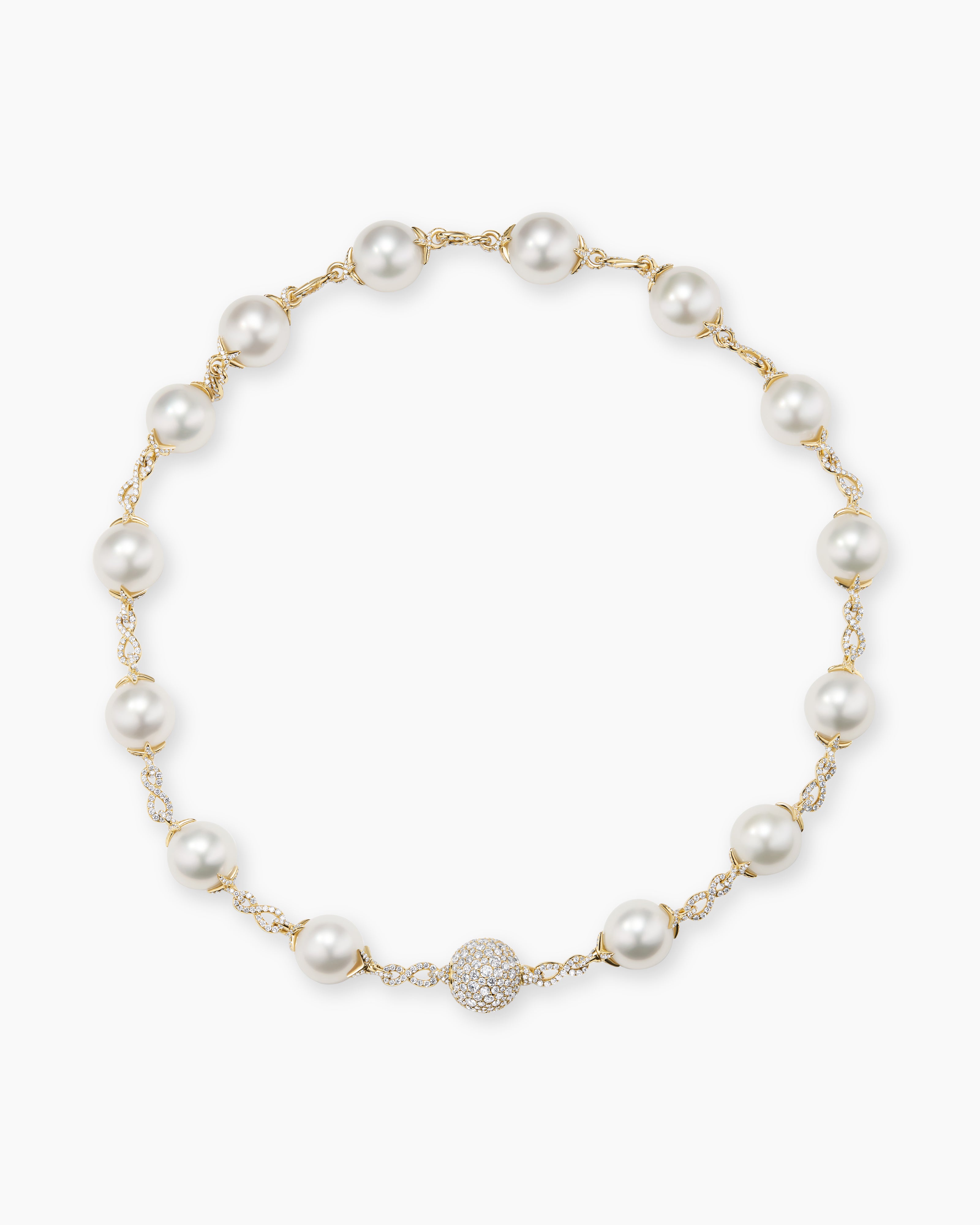 Womens DY Lumina South Sea White Pearl Classic Necklace in Yellow Gold with Diamonds