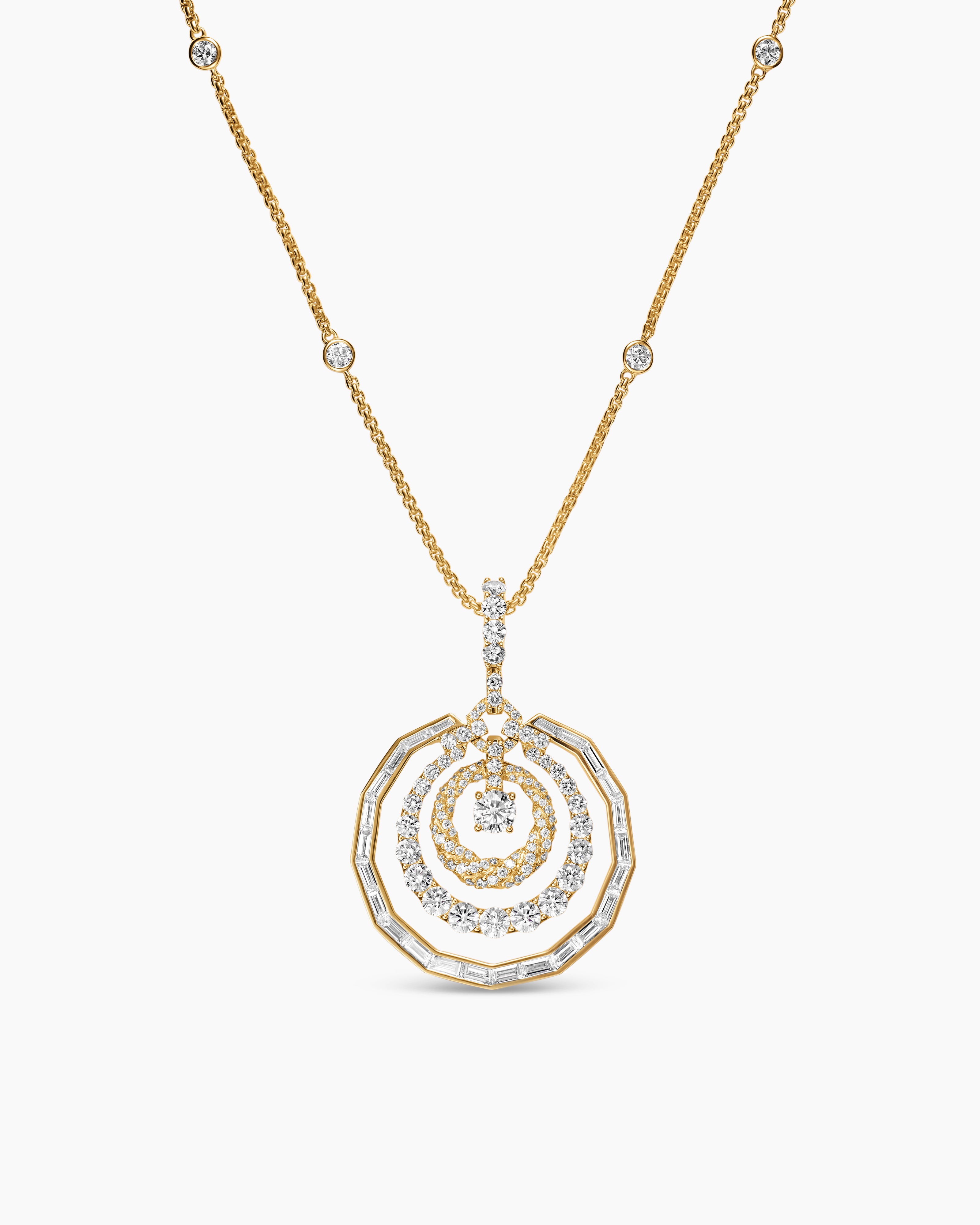 Womens Stax Round Pendant Necklace in Yellow Gold with Diamonds