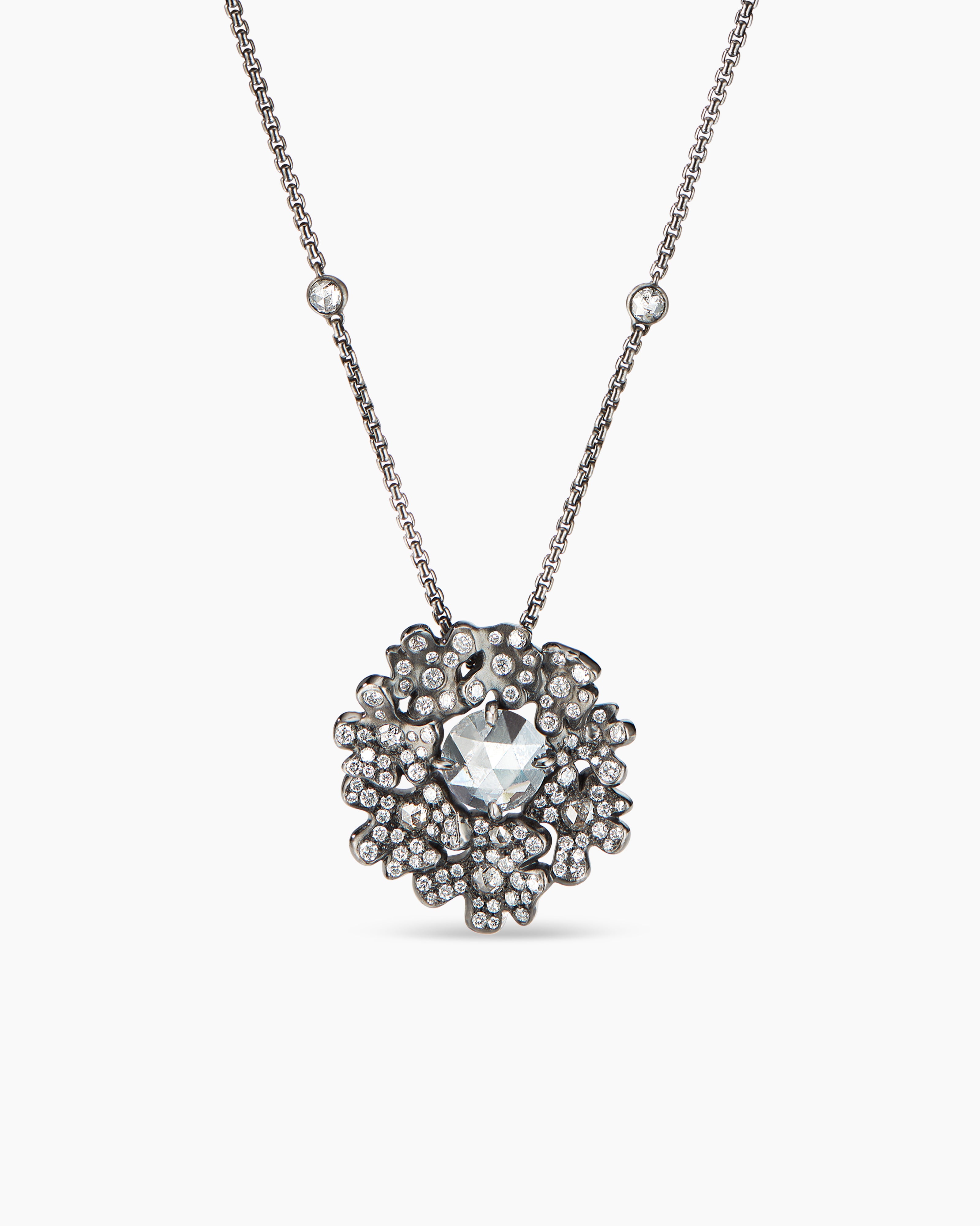 Womens Petals Cluster Pendant in White Gold with Rhodiated Black and Diamonds