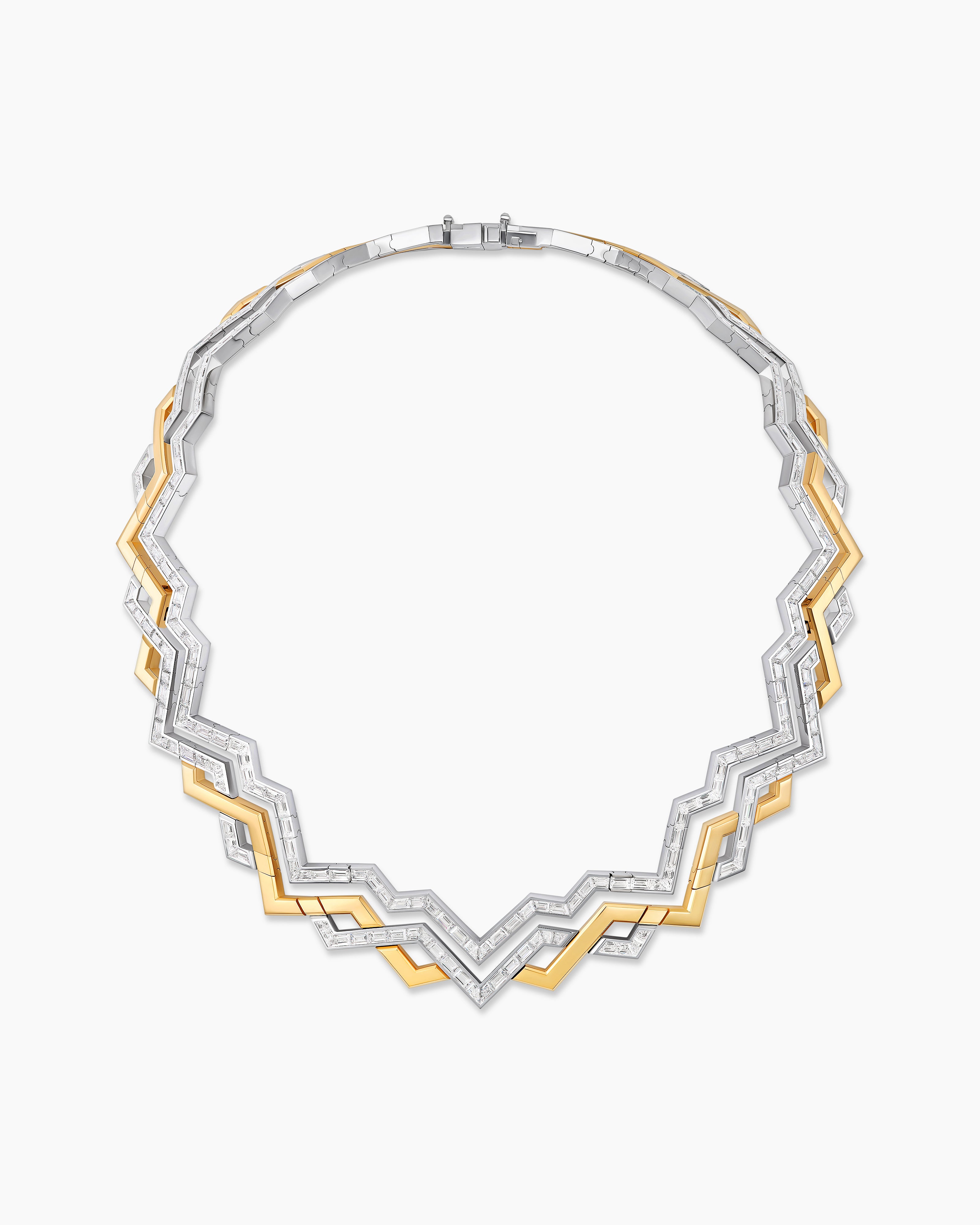 Womens Stax Zig Zag Necklace in Gold with Diamonds