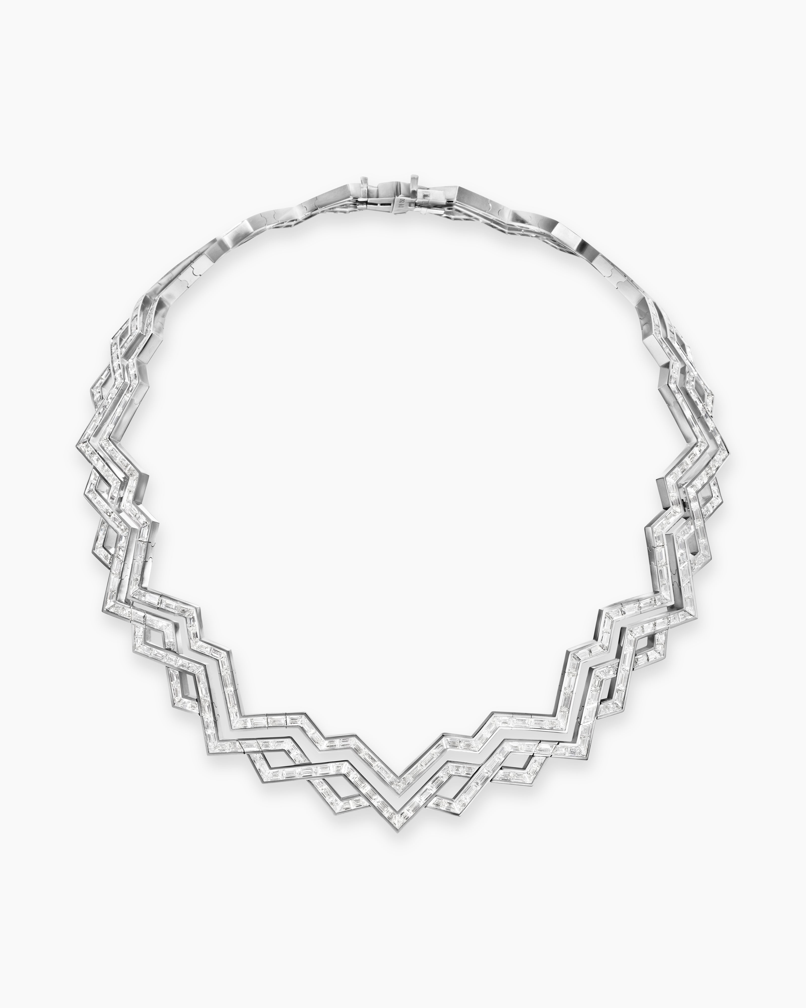 Womens Stax Zig Zag Necklace in White Gold with Diamonds