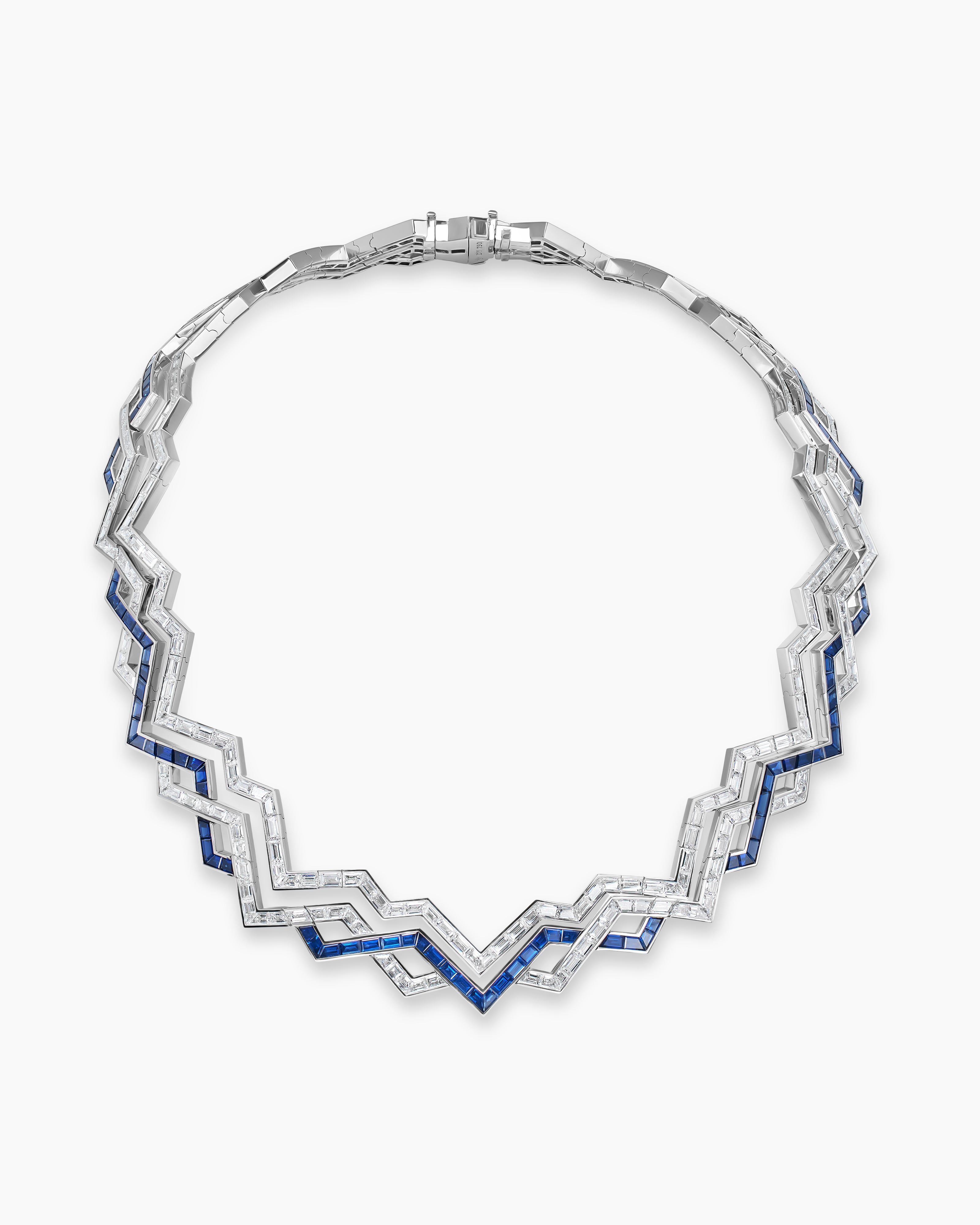 Womens Stax Zig Zag Necklace in White Gold with Sapphires and Diamonds
