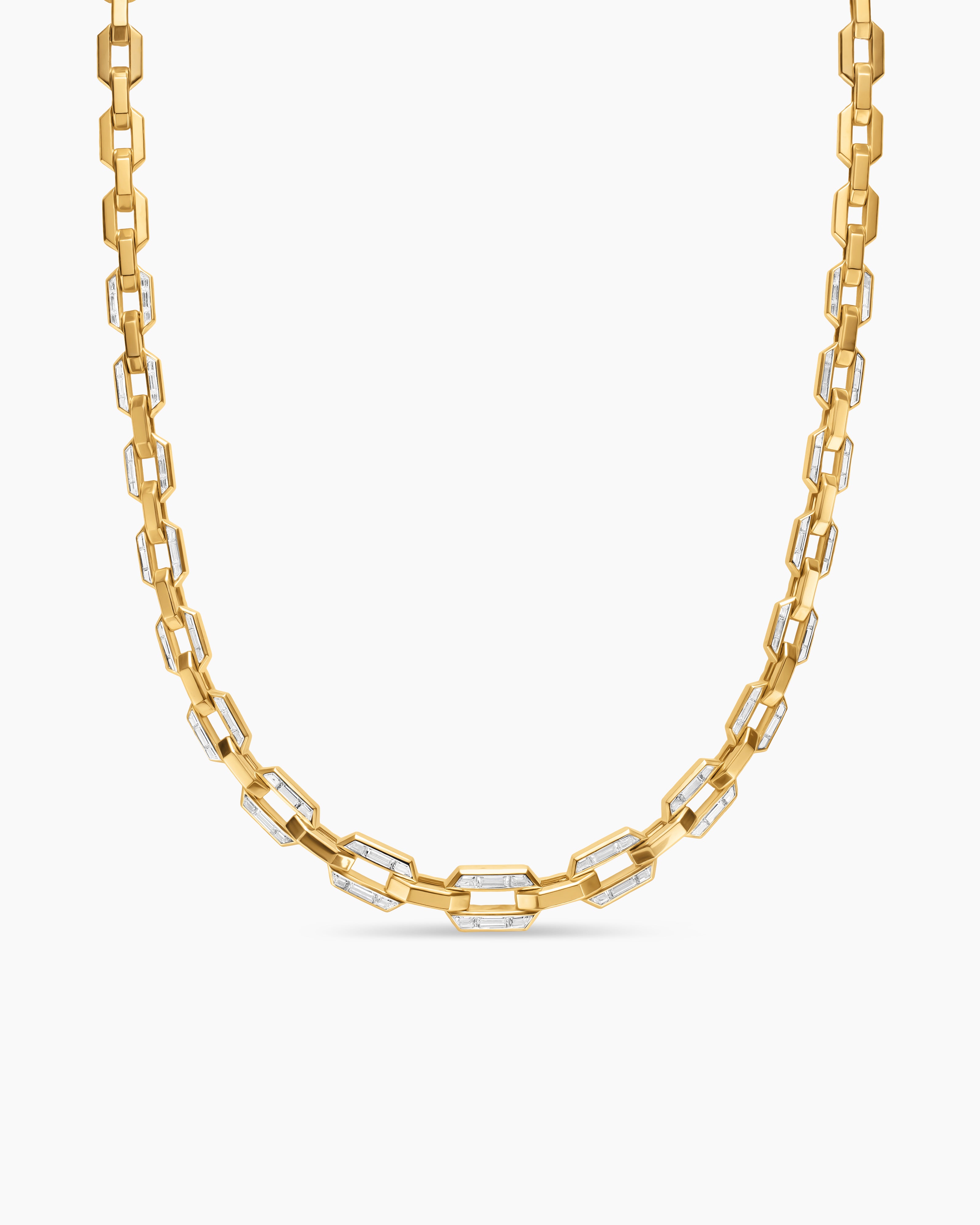 Womens Deco Graduated Chain Link Necklace in Yellow Gold with Diamonds