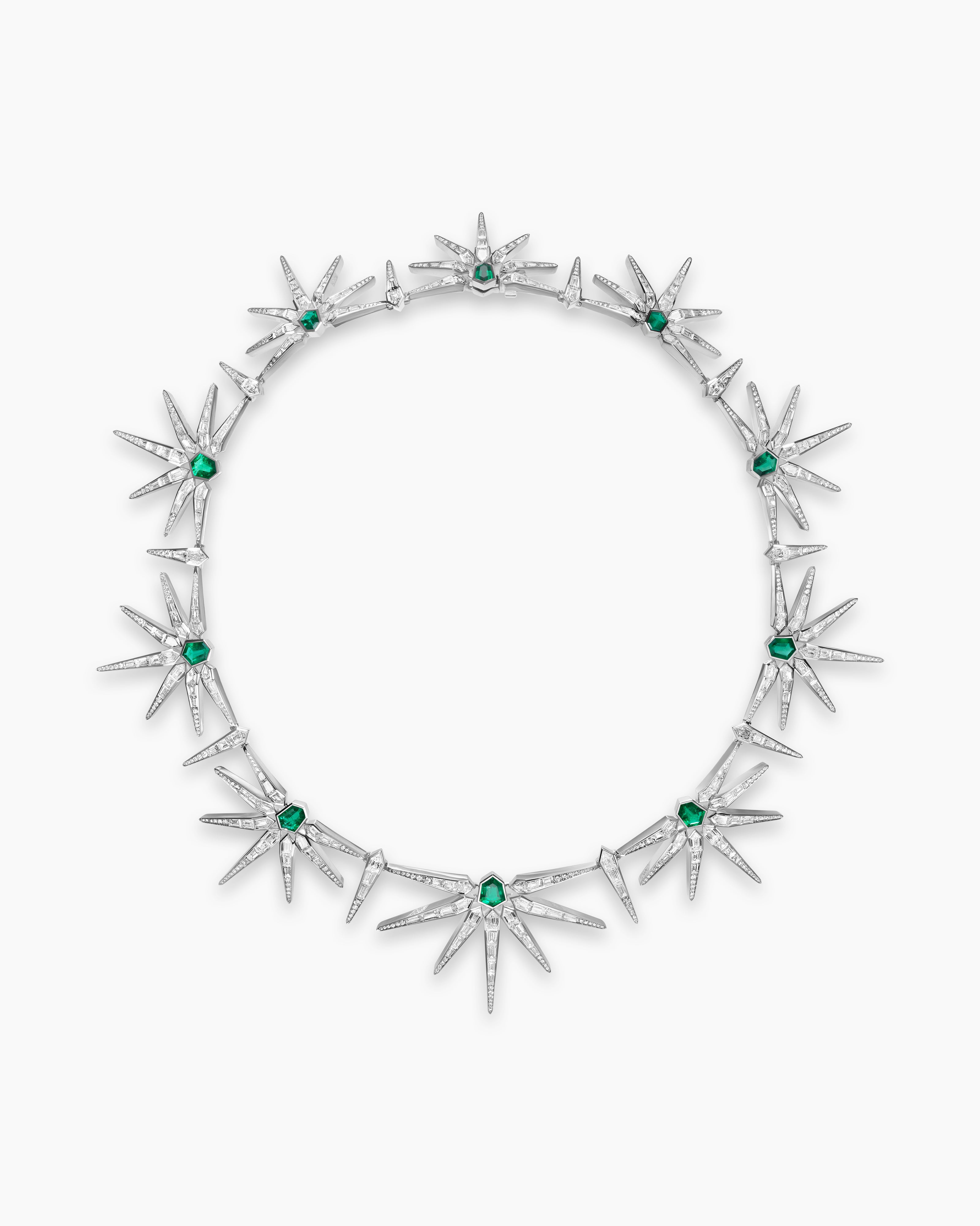 Womens Liberty Emerald Statement Necklace in White Gold with Emeralds and Diamonds