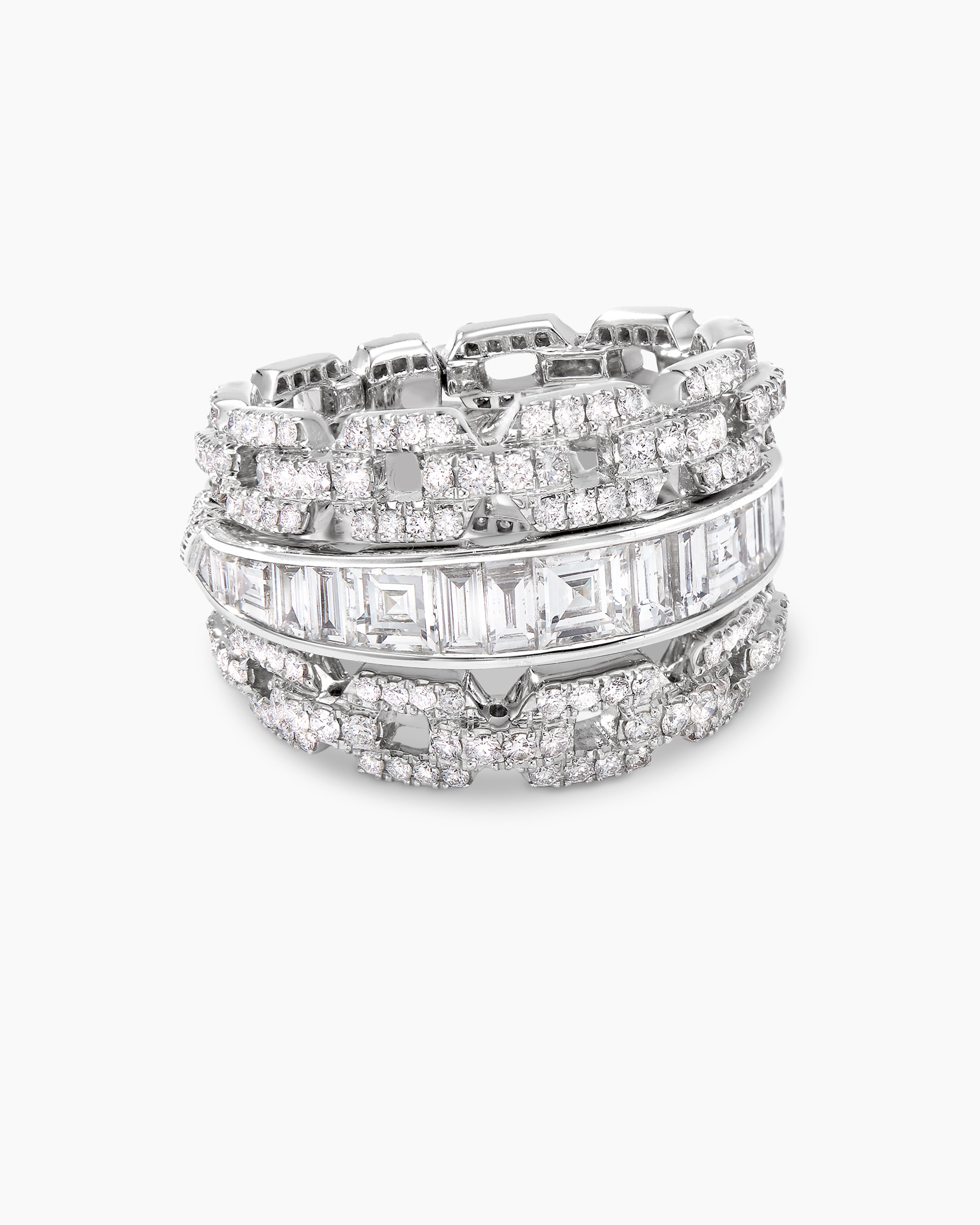 Womens Stax Three Row Ring in White Gold with Diamonds