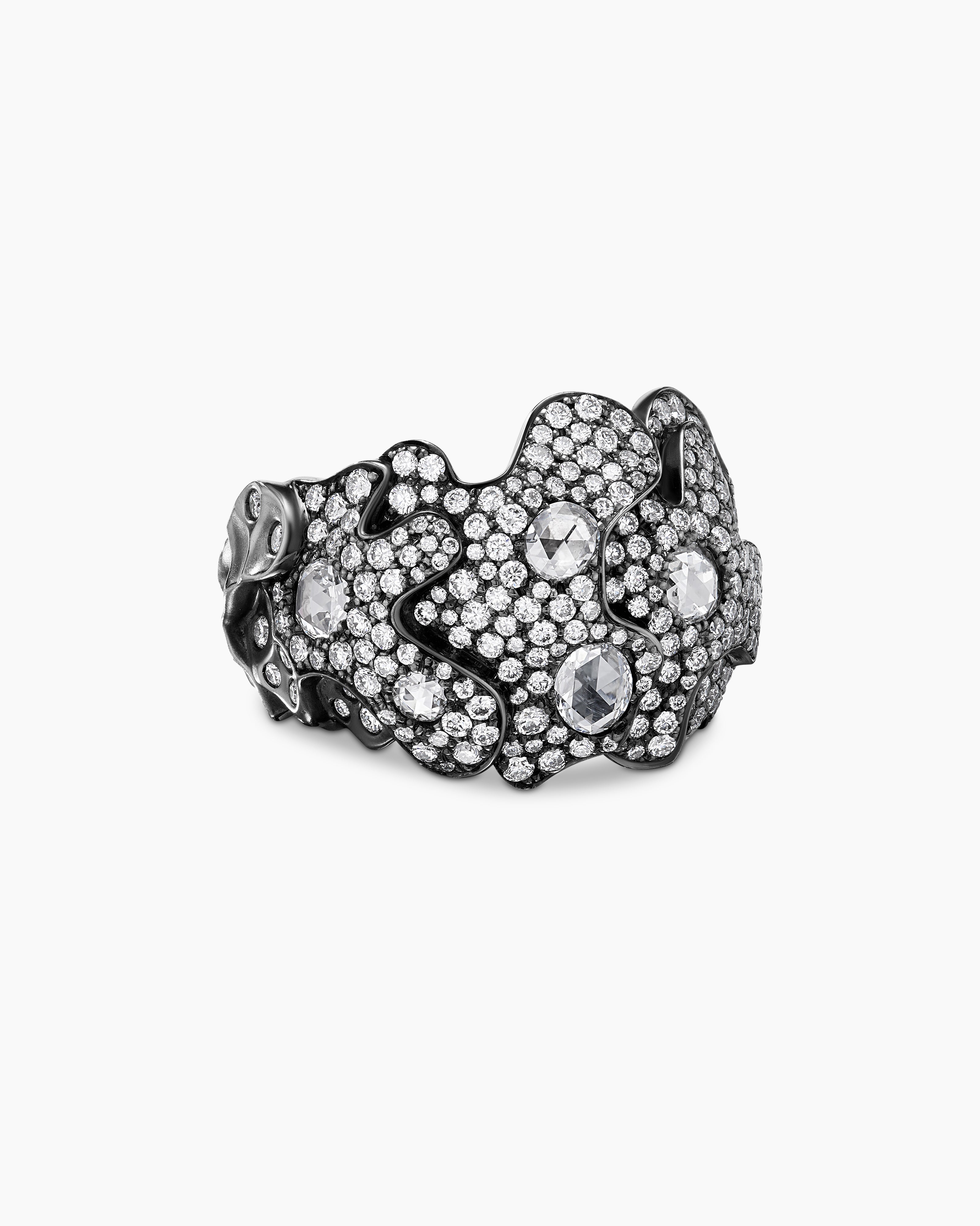 Womens Petals Band Ring in White Gold with Rhodiated Black and Diamonds