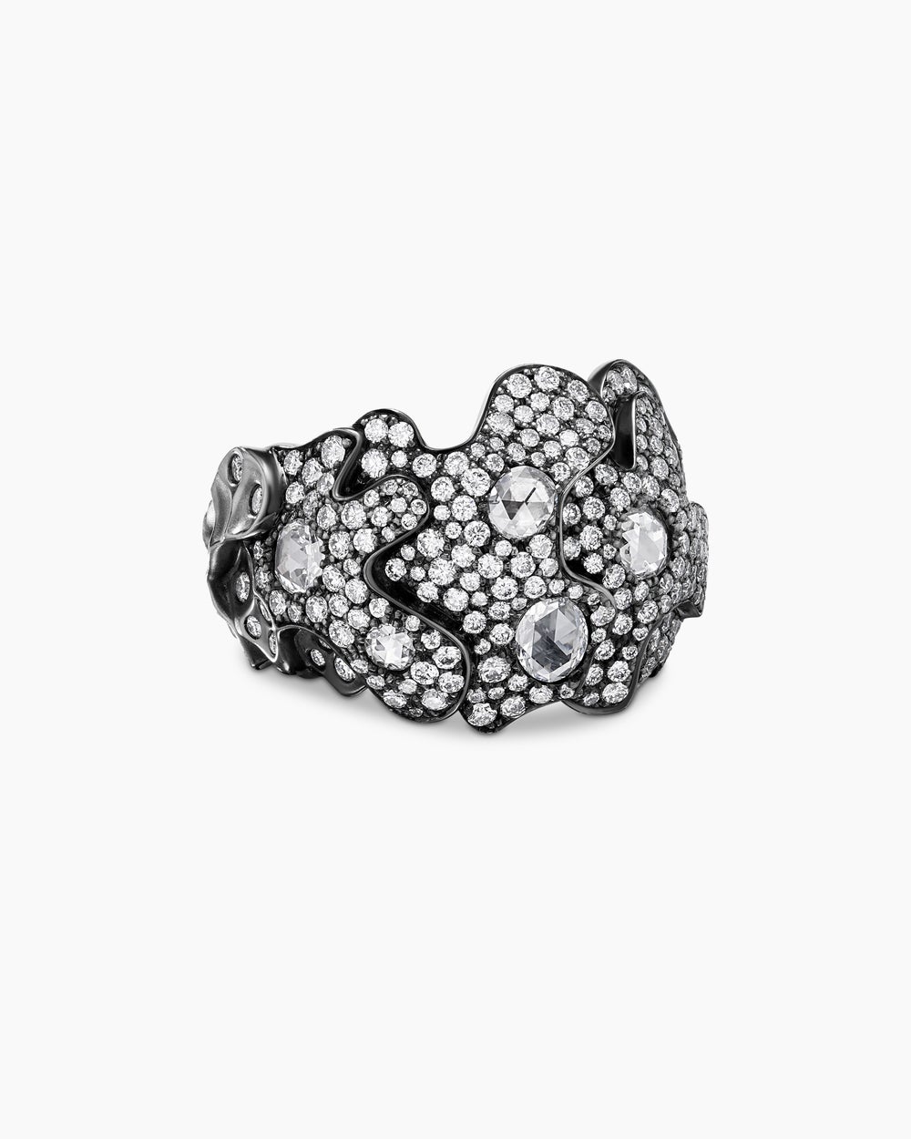 Womens Petals Band Ring in White Gold with Rhodiated Black and Diamonds