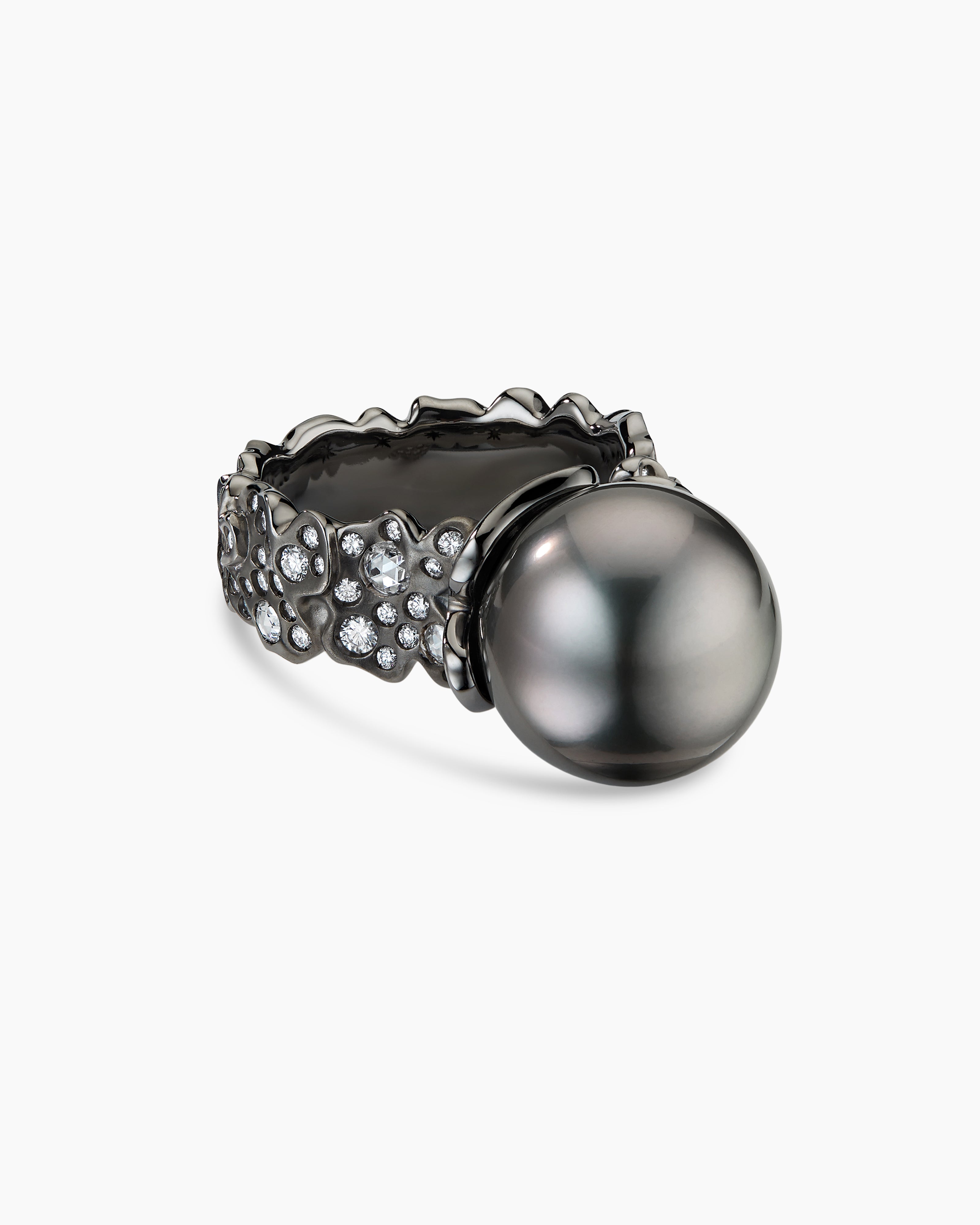 Bague Petals et Perle grise de Tahiti en or blanc avec rhodium noir et diamants femme 