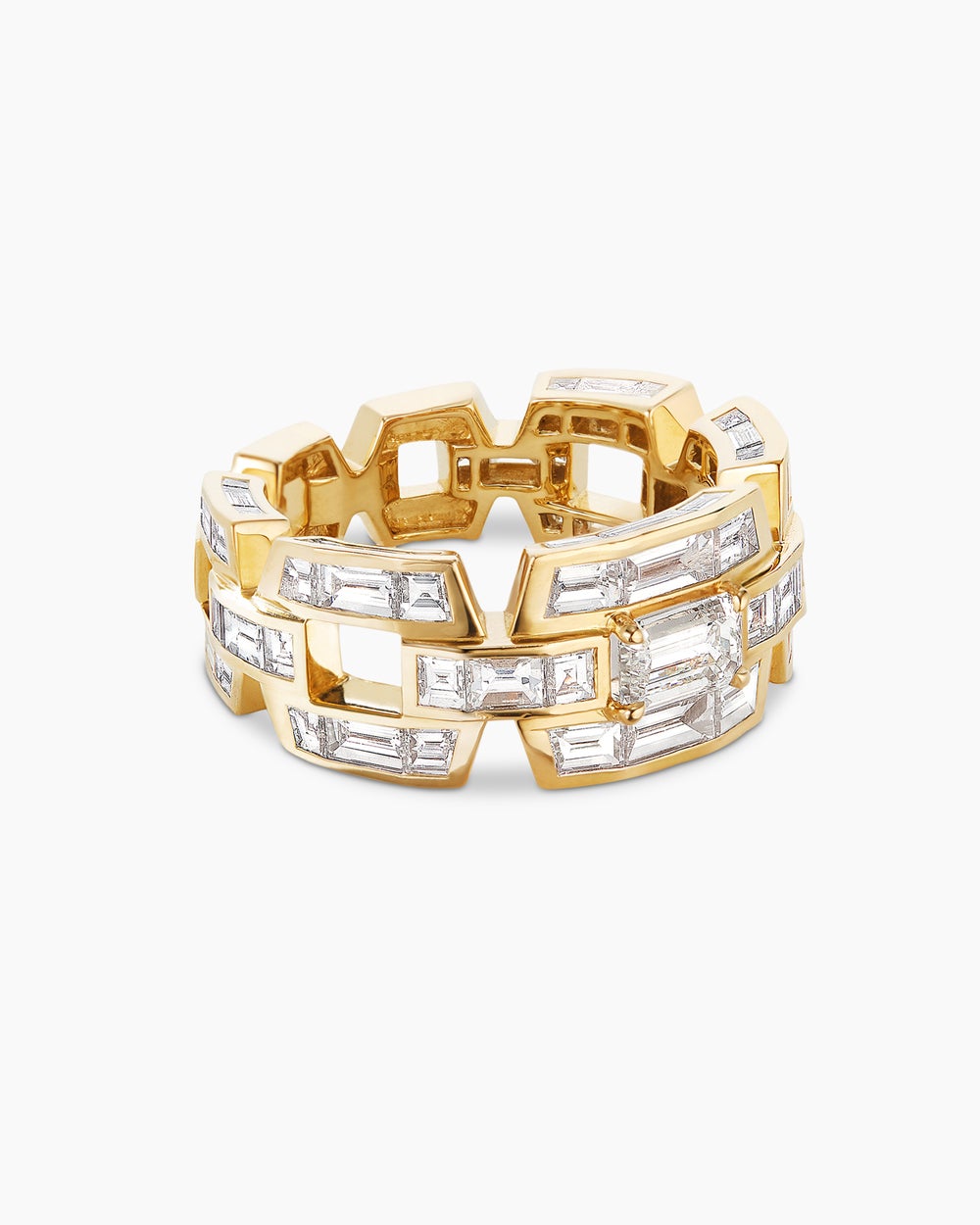 Womens Deco Link Ring in Yellow Gold with Diamonds