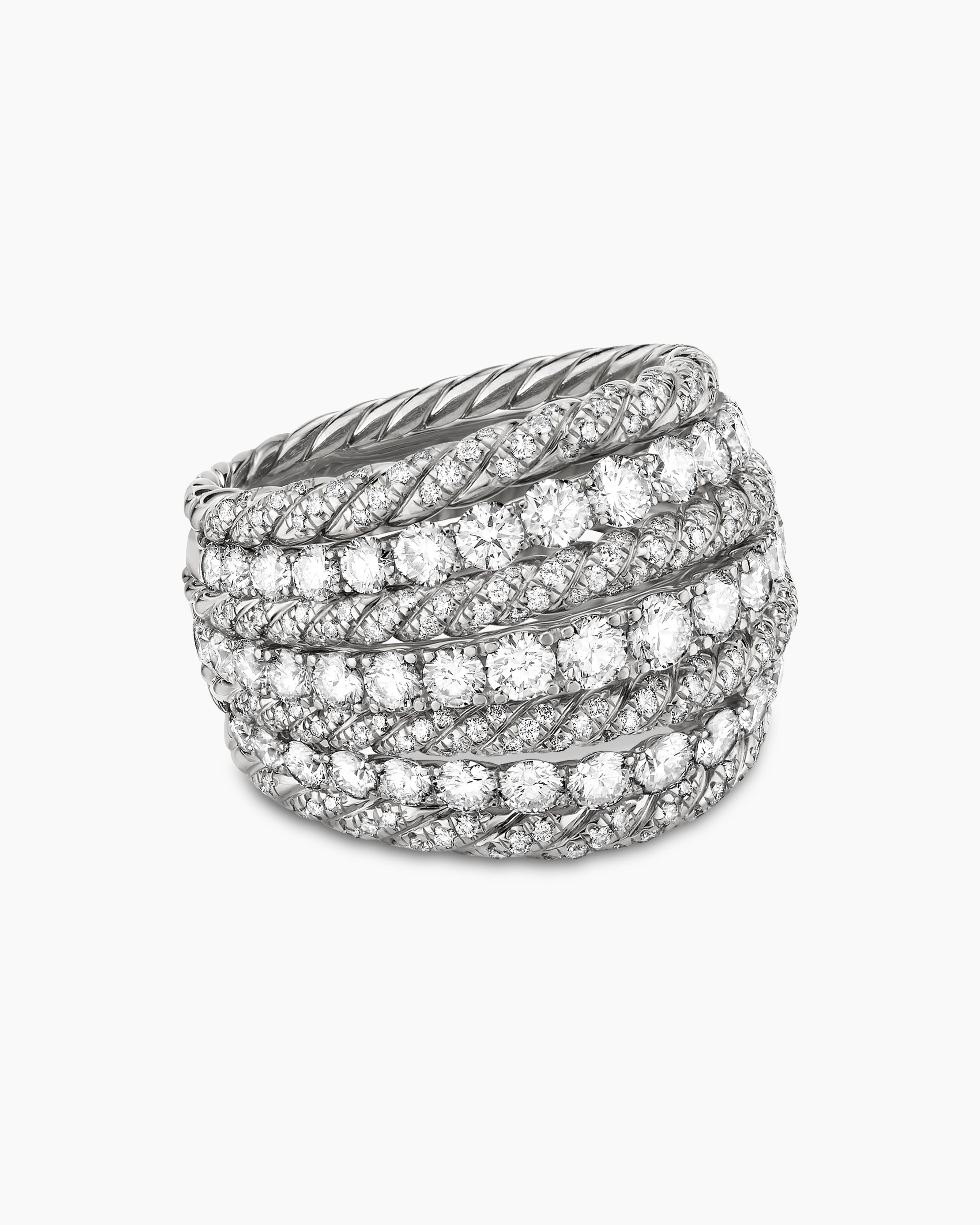 Womens Floating Diamonds Alternating Cable Dome Ring in White Gold