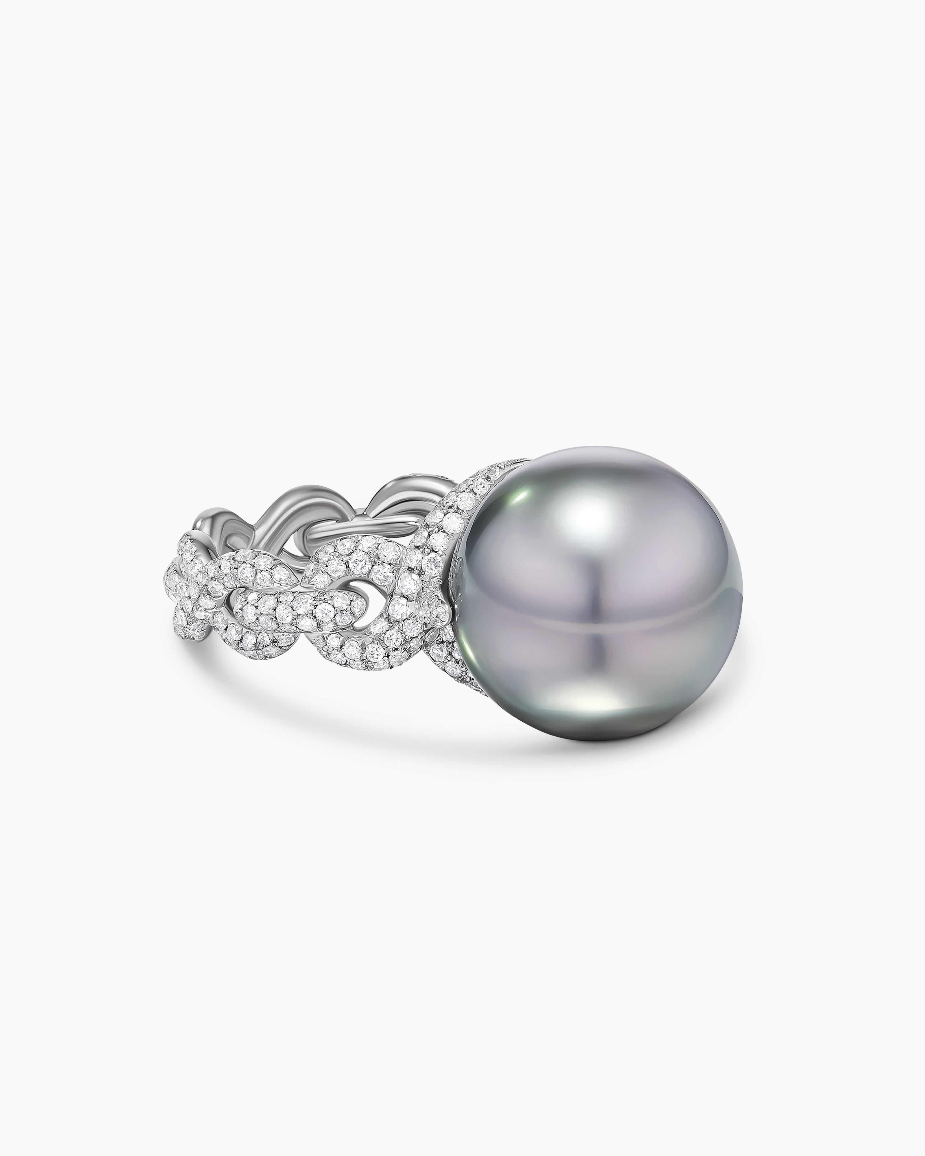 Bague Twist Pav&eacute; Perle grise de Tahiti DY Lumina en or blanc avec diamants femme 
