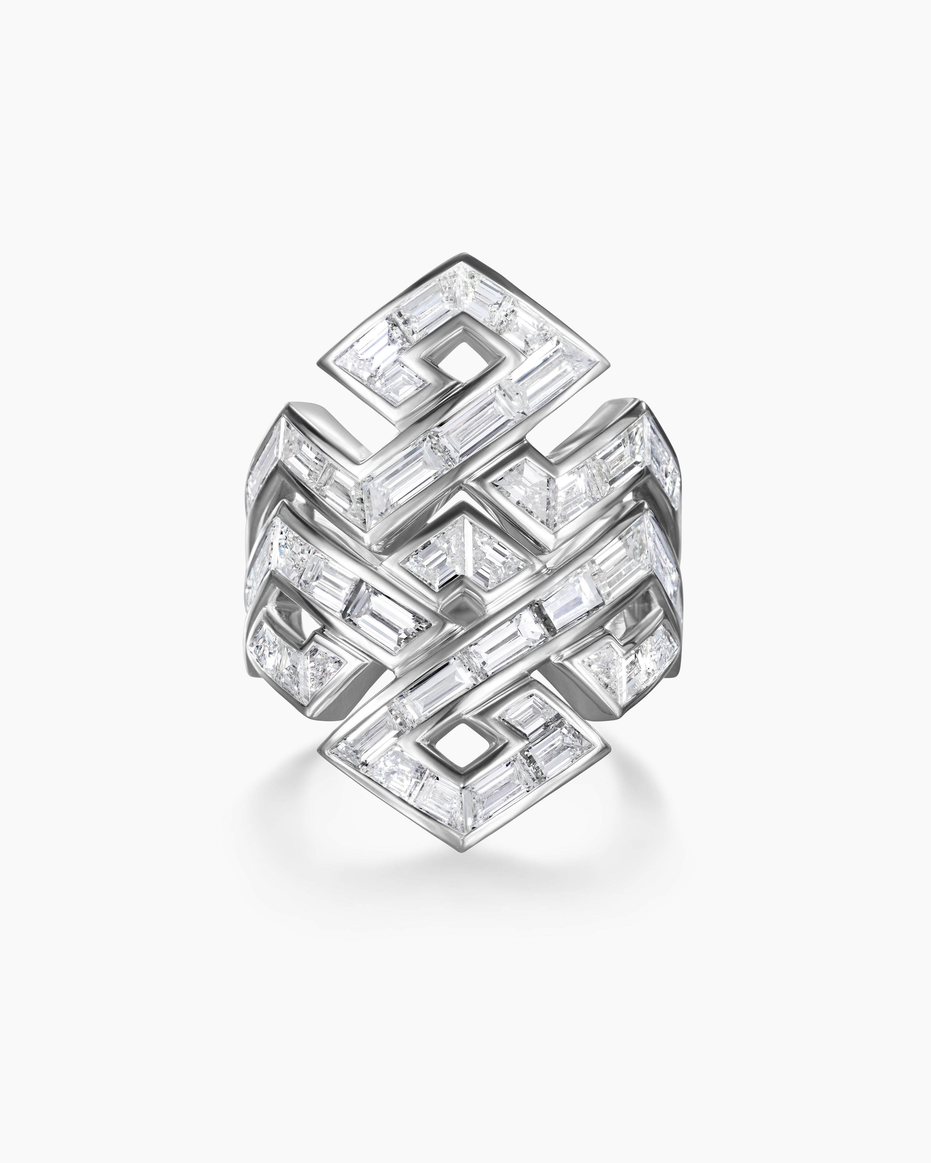 Womens Stax Zig Zag Baguette Ring in White Gold with Diamonds