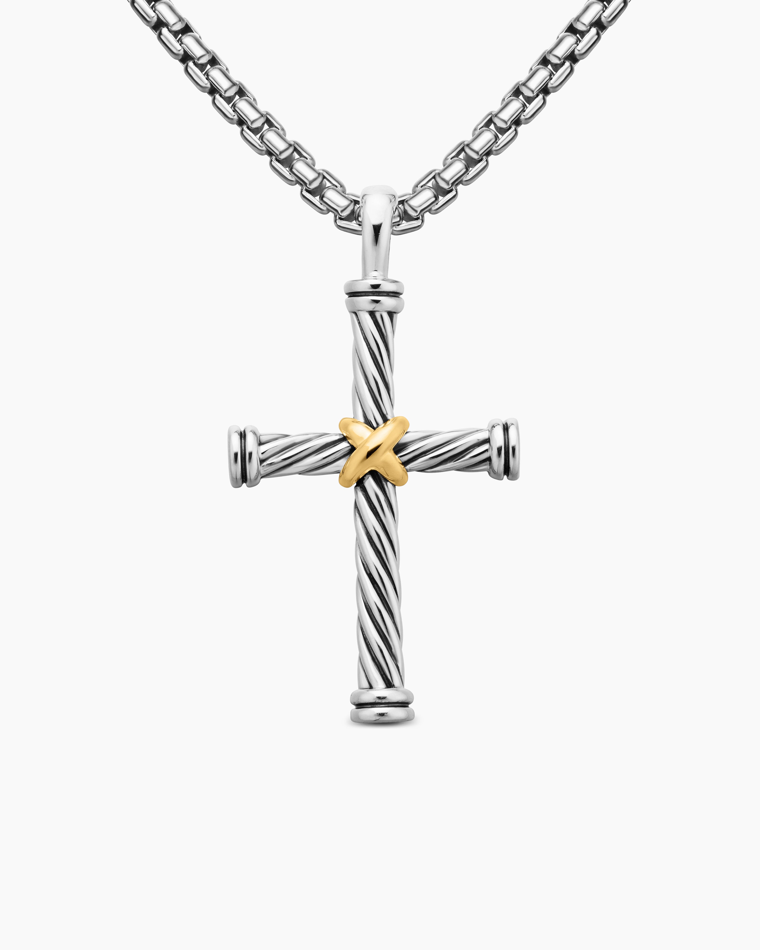 Mens Cable Cross Pendant in Sterling Silver with 18K Yellow Gold