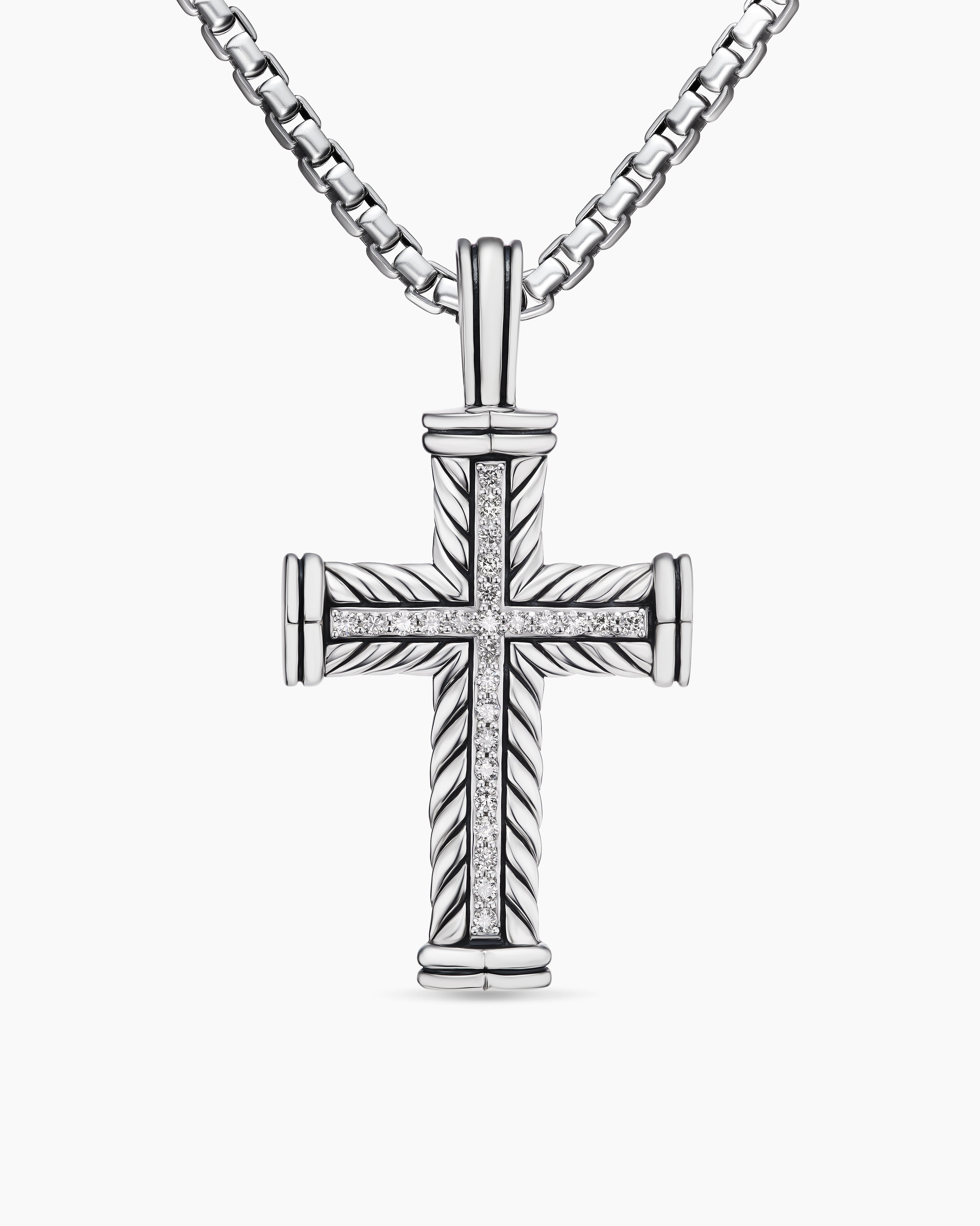 Mens Chevron Cross Pendant in Sterling Silver with Diamonds, 41.5mm