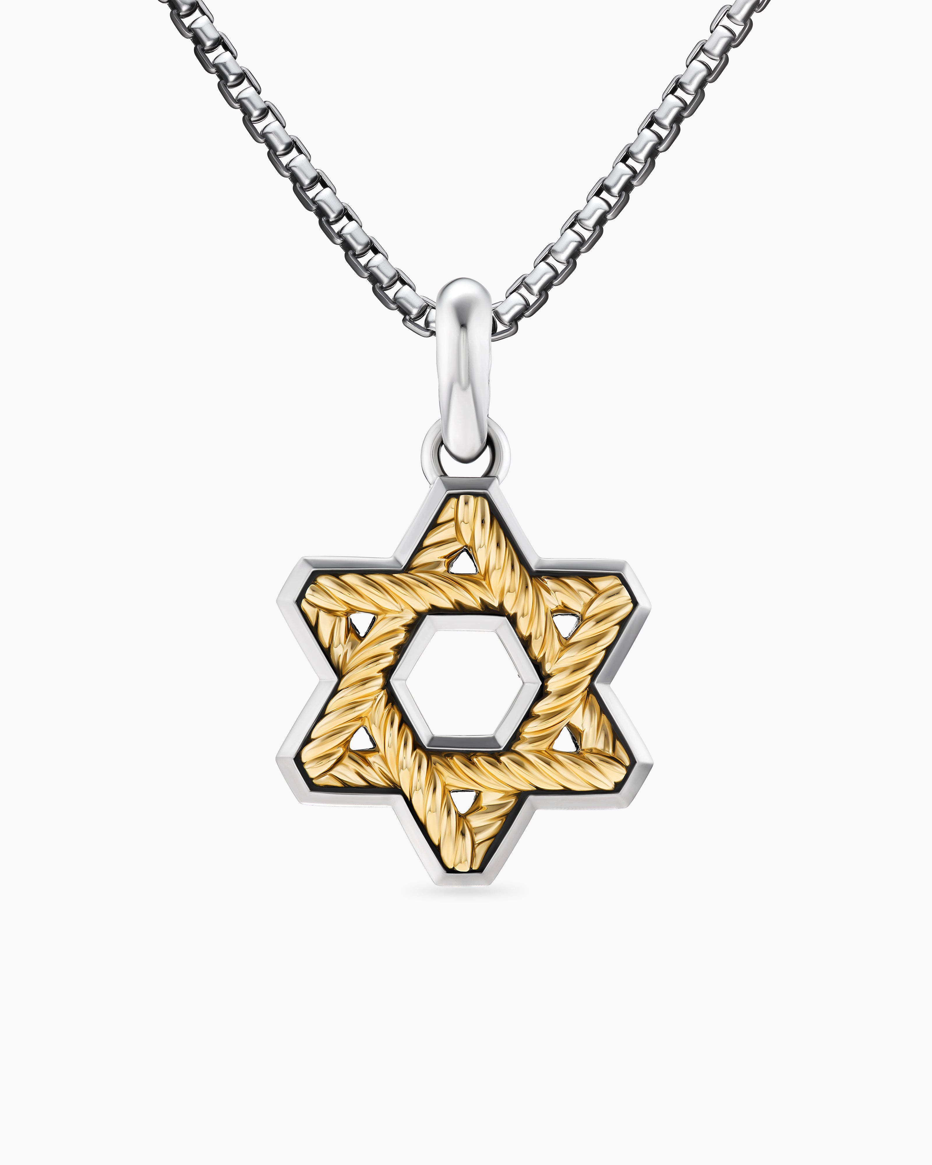 Mens Cable Star of David Amulet in Sterling Silver with 18K Yellow Gold, 19mm