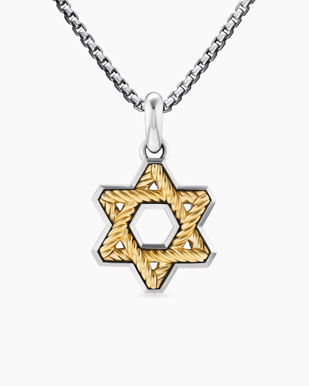 Mens Cable Star of David Amulet in Sterling Silver with 18K Yellow Gold, 19mm
