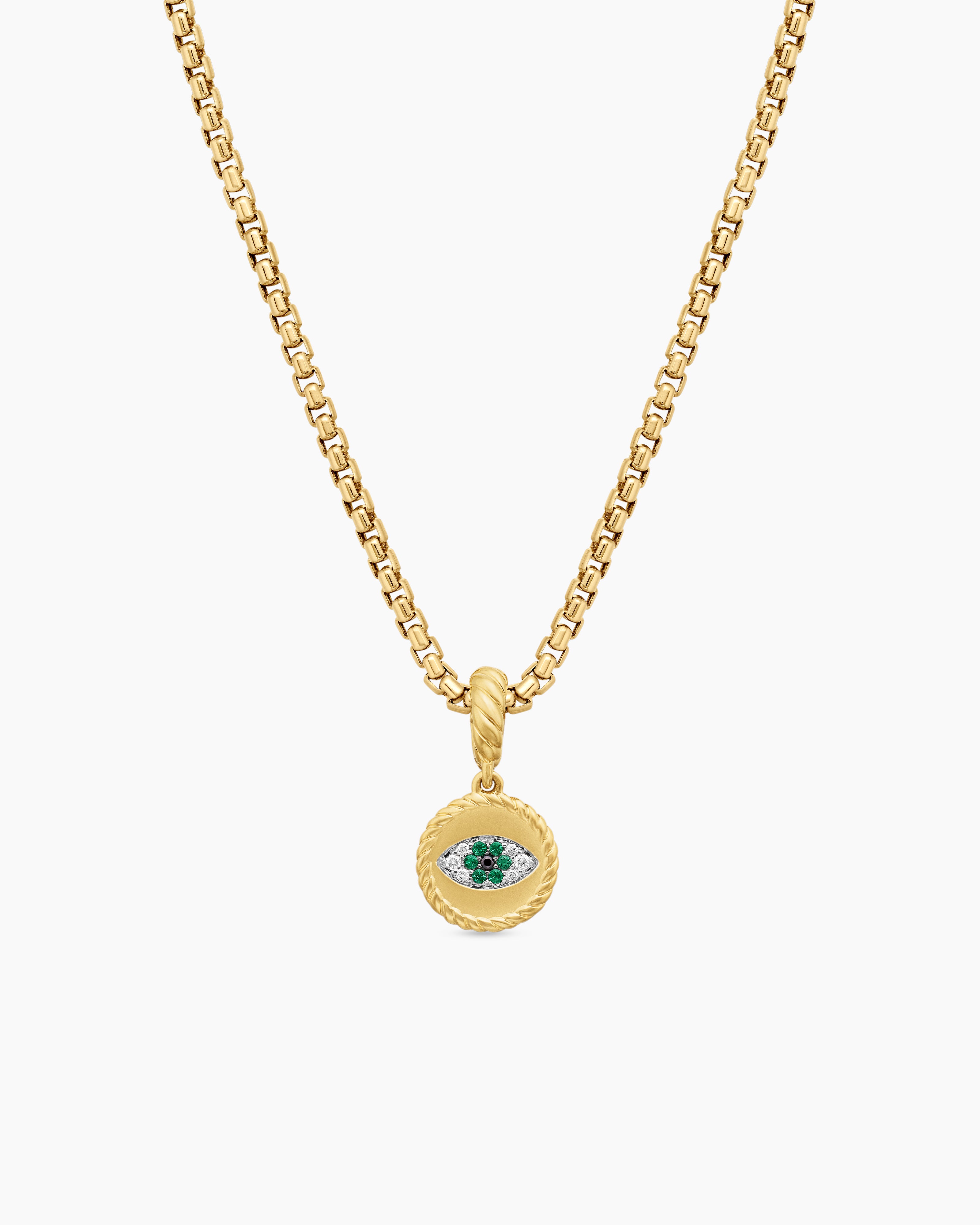 Womens Evil Eye Amulet in 18K Yellow Gold with Pav&eacute; Emeralds and Diamonds, 11mm