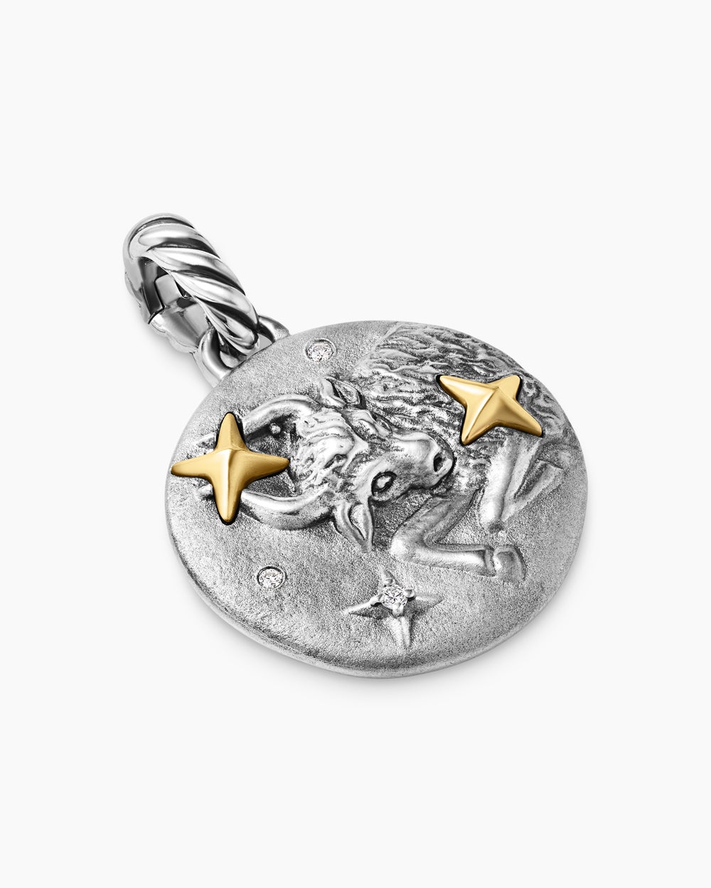 Womens Taurus Amulet in Sterling Silver with 18K Yellow Gold and Diamonds, 19mm