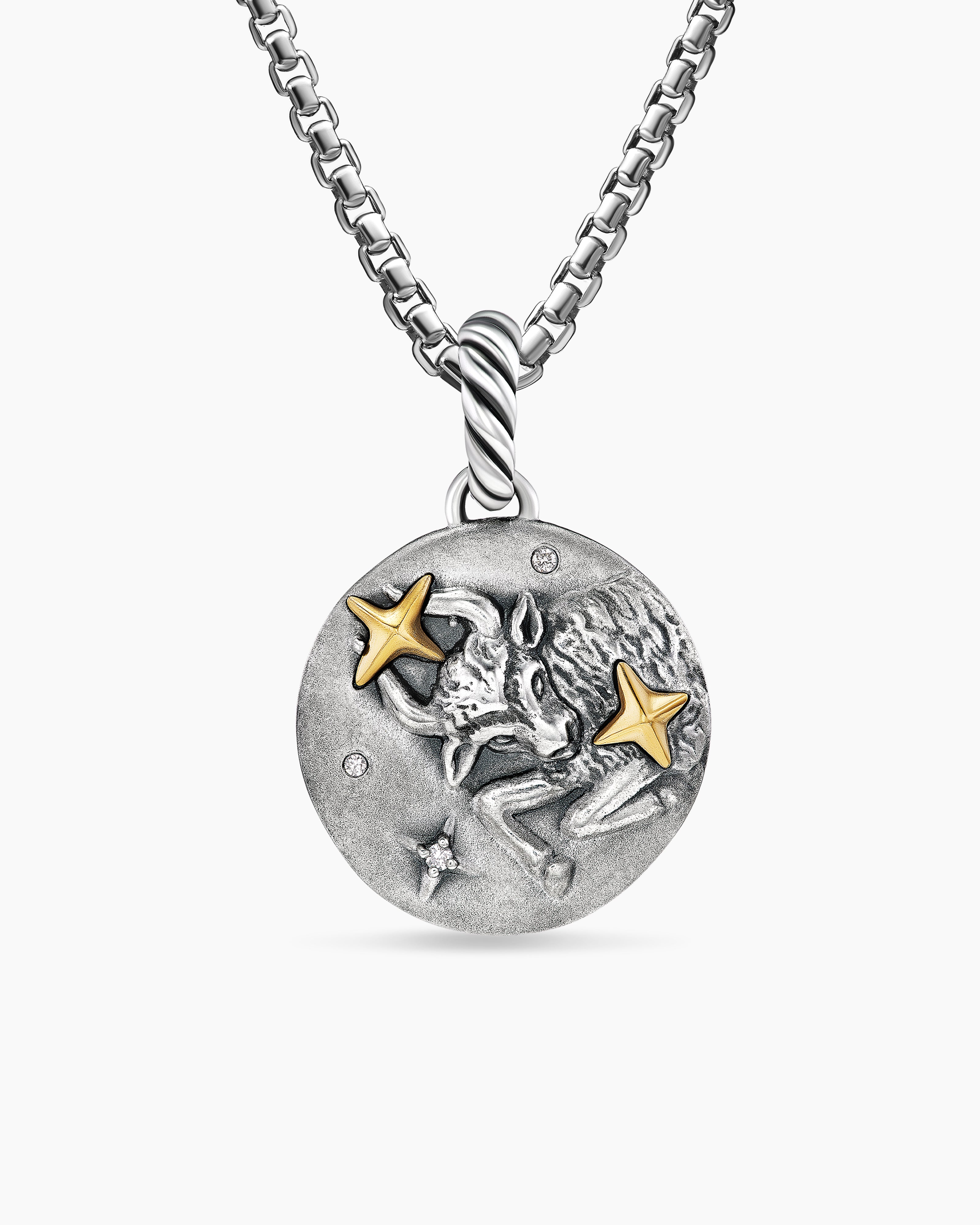Womens Taurus Amulet in Sterling Silver with 18K Yellow Gold and Diamonds, 19mm