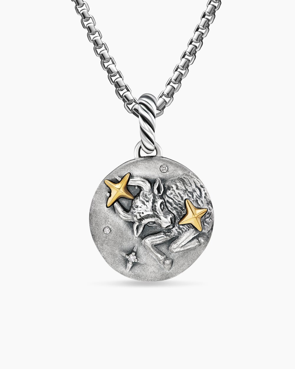 Womens Taurus Amulet in Sterling Silver with 18K Yellow Gold and Diamonds, 19mm