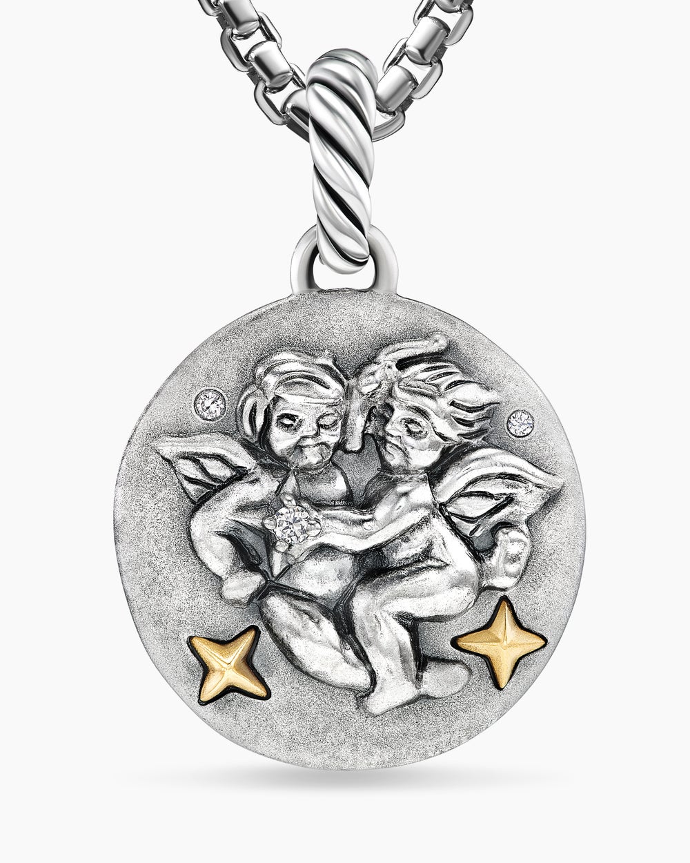 Womens Gemini Amulet in Sterling Silver with 18K Yellow Gold and Diamonds, 19mm