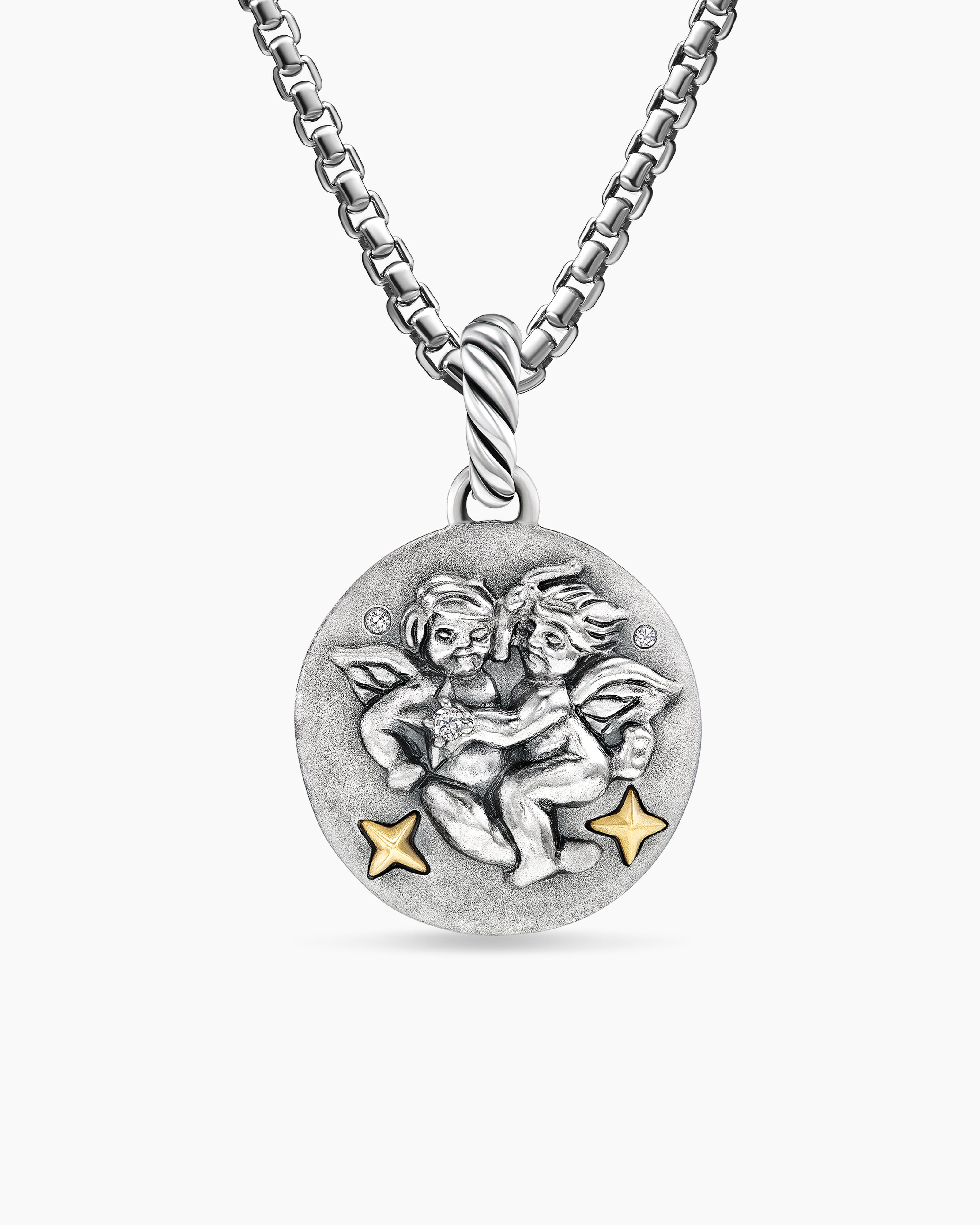 Womens Gemini Amulet in Sterling Silver with 18K Yellow Gold and Diamonds, 19mm