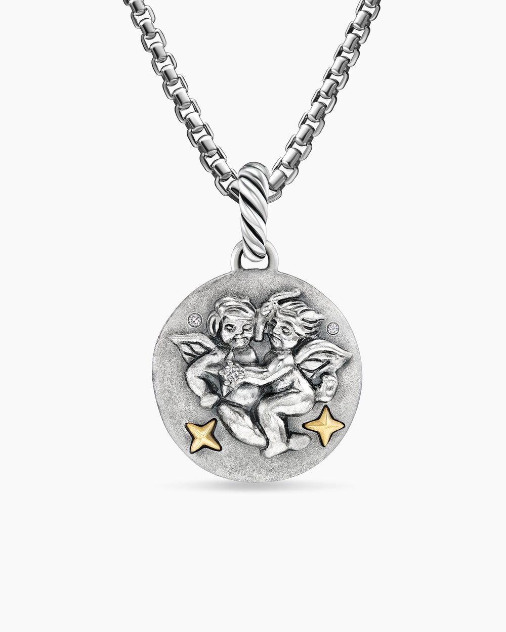 Womens Gemini Amulet in Sterling Silver with 18K Yellow Gold and Diamonds, 19mm