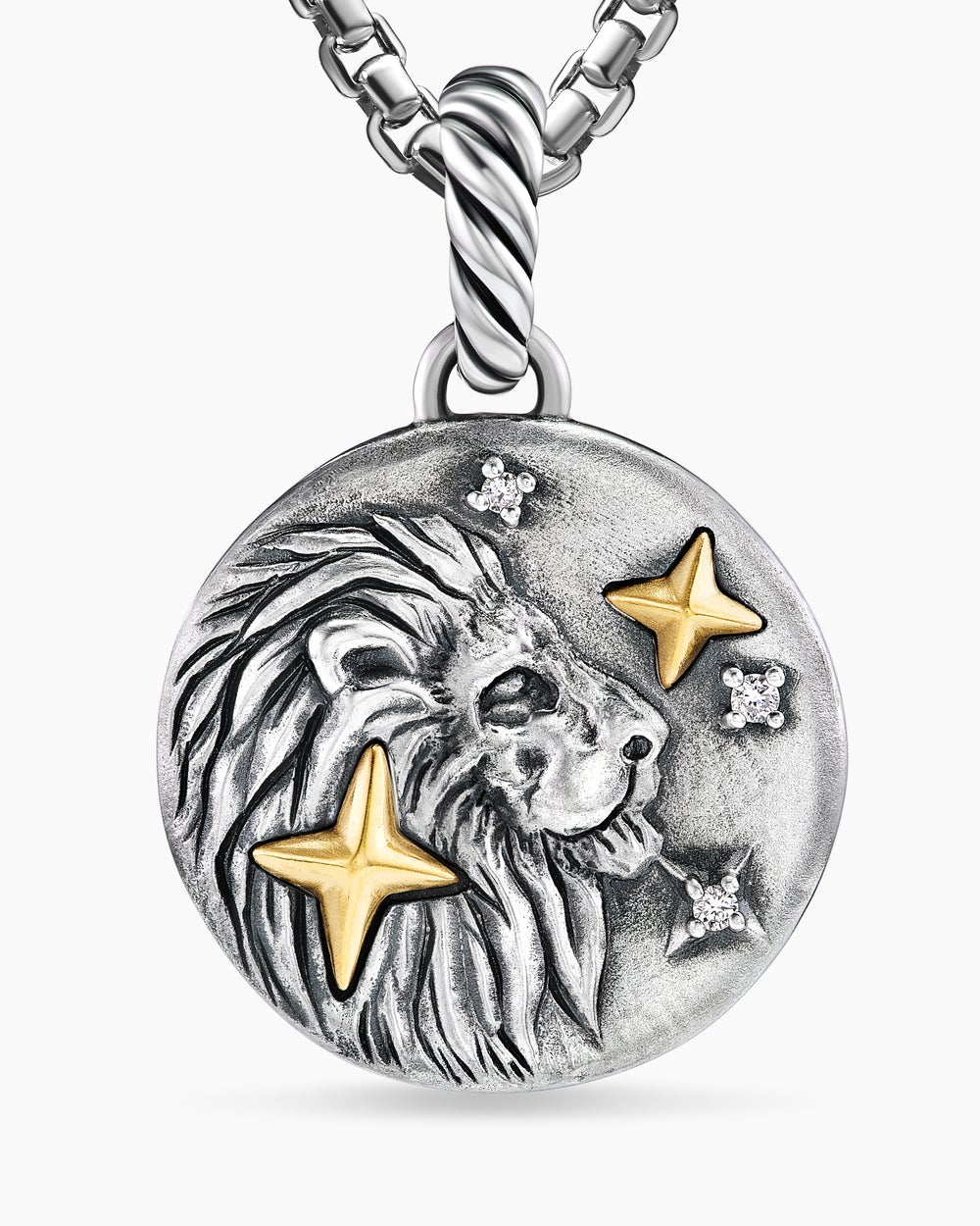 Womens Leo Amulet in Sterling Silver with 18ct Yellow Gold and Diamonds, 19mm