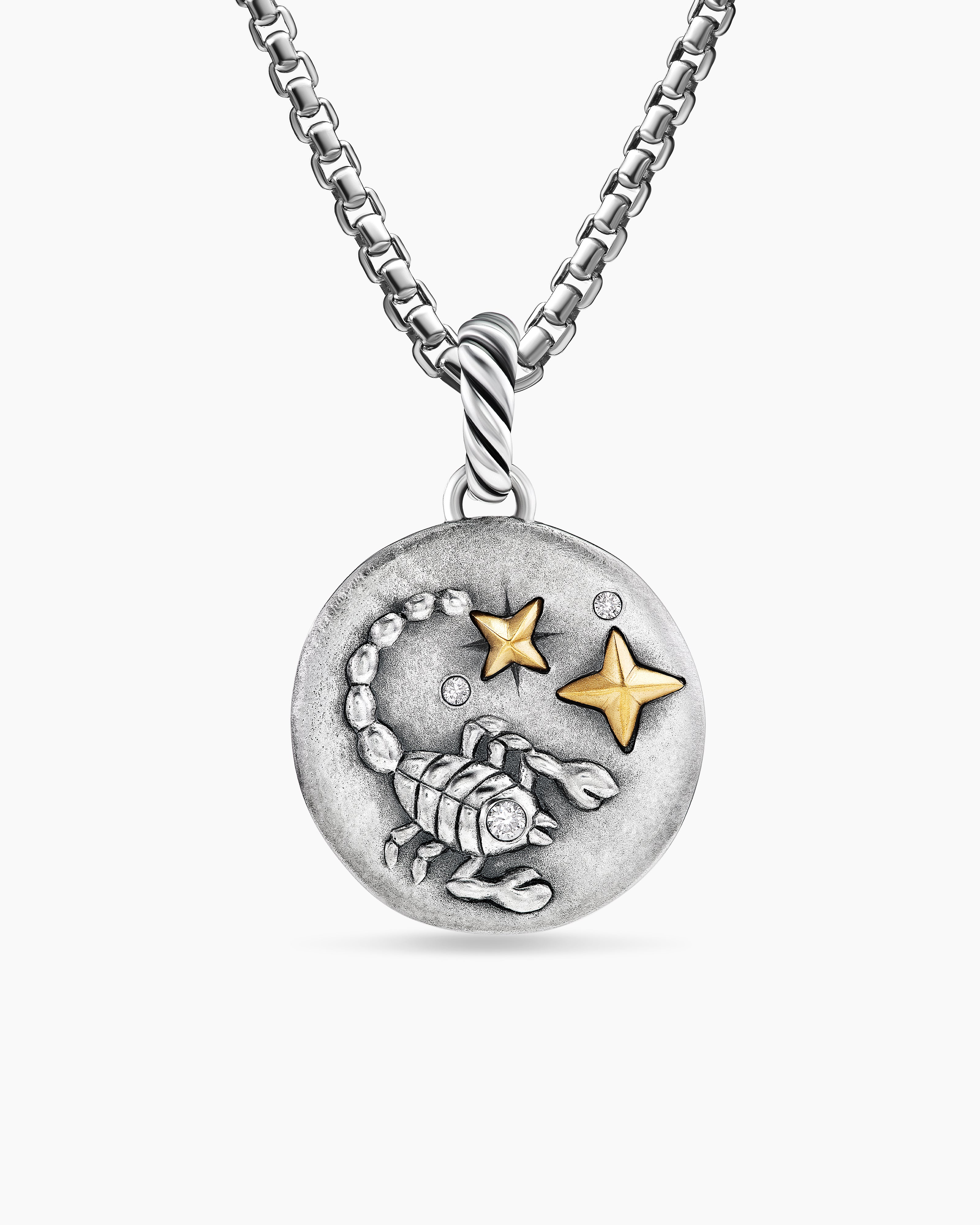 Womens Scorpio Amulet in Sterling Silver with 18K Yellow Gold and Diamonds, 19mm