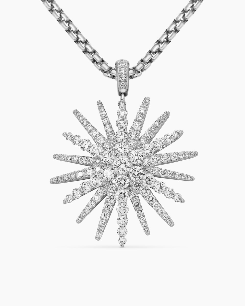 Womens Starburst Pendant in 18K White Gold with Full Pavé Diamonds, 33.7mm