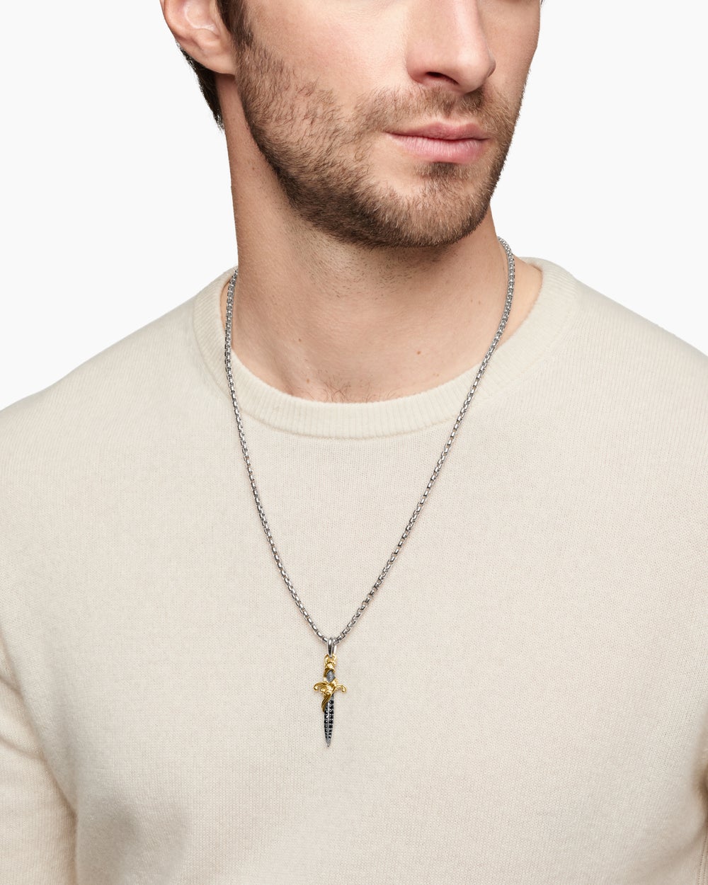 Amulette Waves poignard en argent massif avec diamants noirs et or jaune 18 carats, 44 mm homme