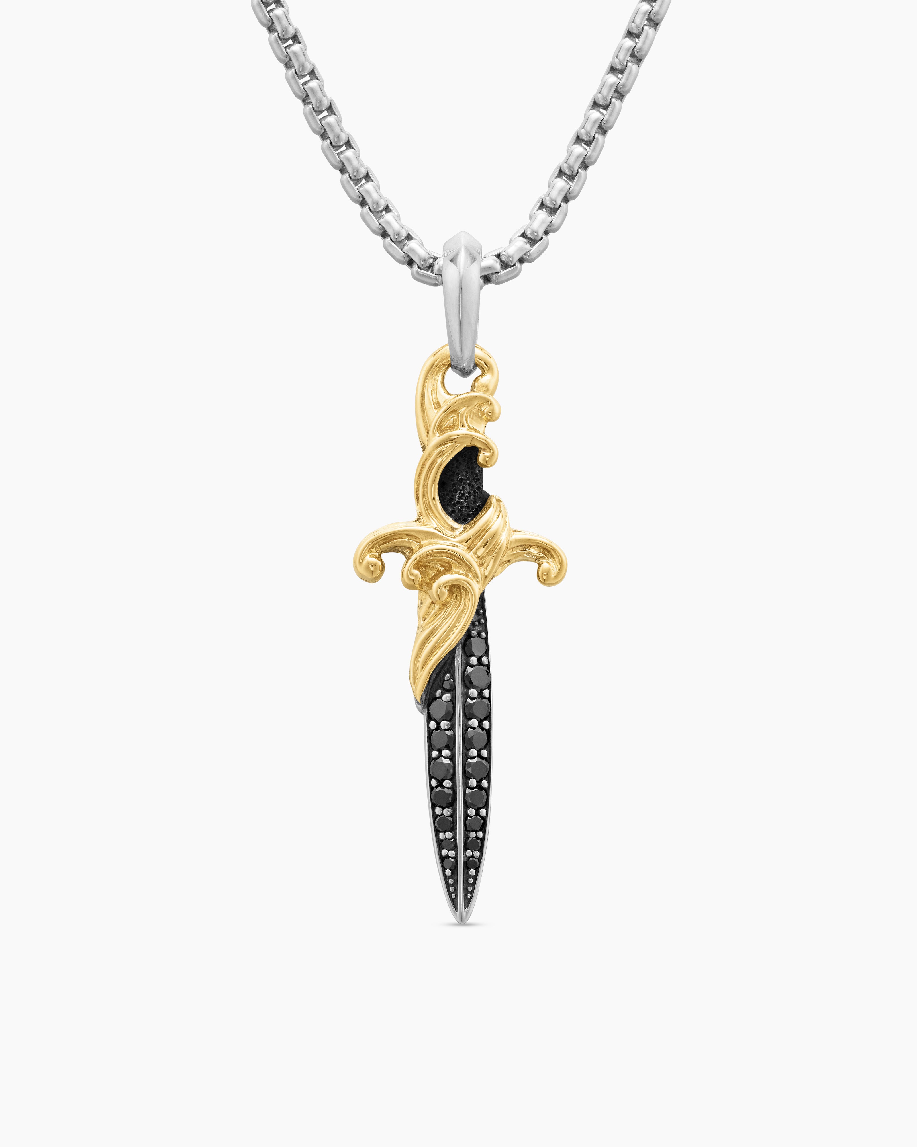 Amulette Waves poignard en argent massif avec diamants noirs et or jaune 18 carats, 44 mm homme 