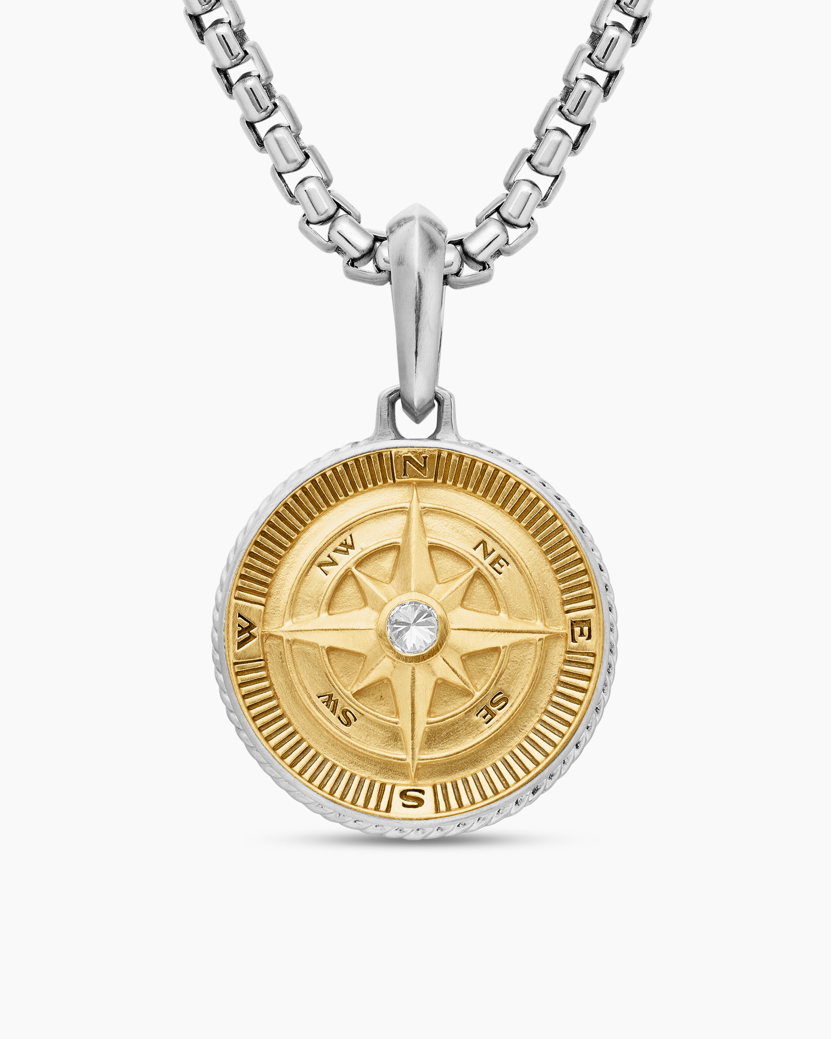 Amulette boussole Maritime&reg; en argent sterling avec or jaune 18 carats et diamant central, 29,5 mm