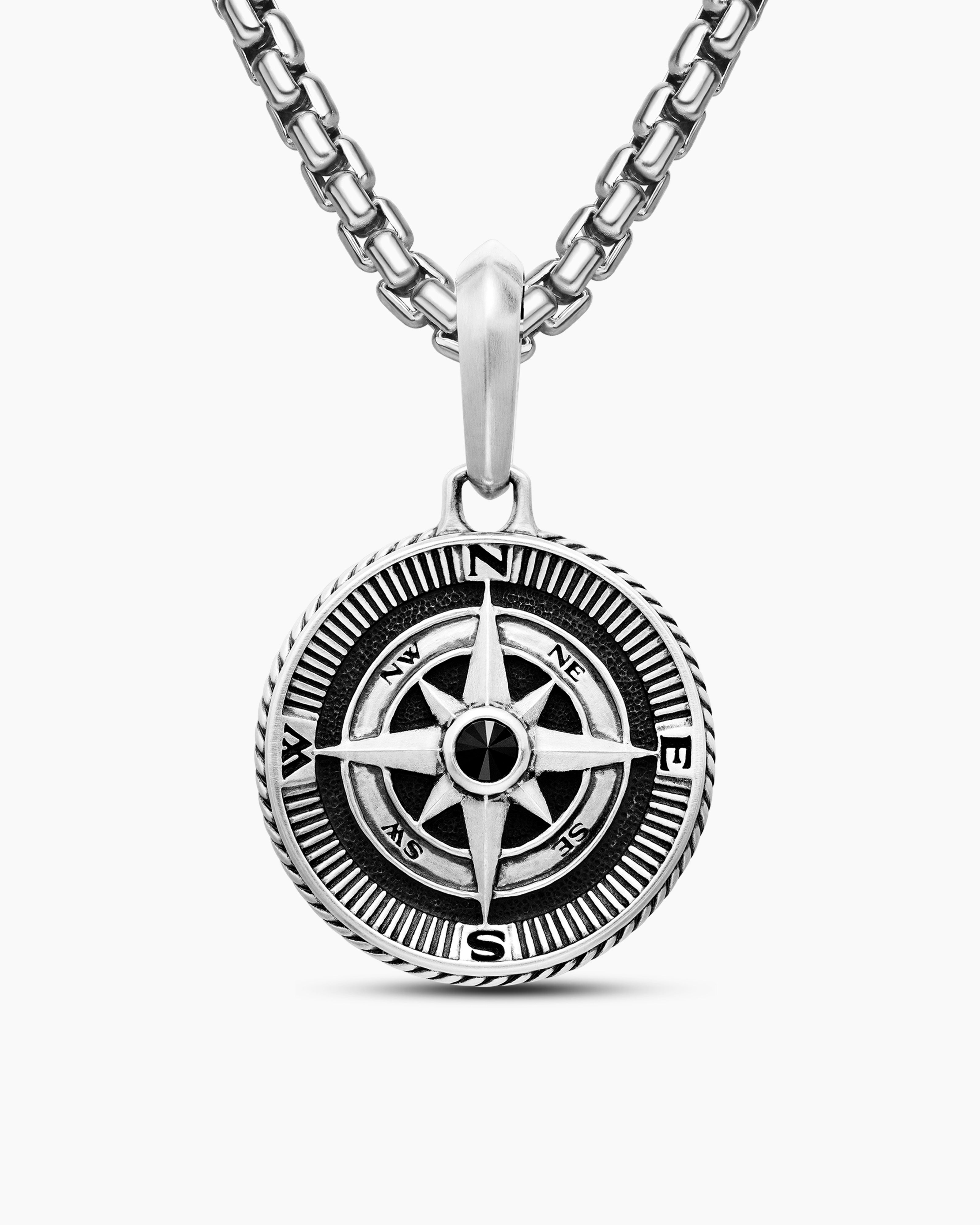 Mens Maritime&reg; Compass Amulet in Sterling Silver with Center Black Diamond, 20mm