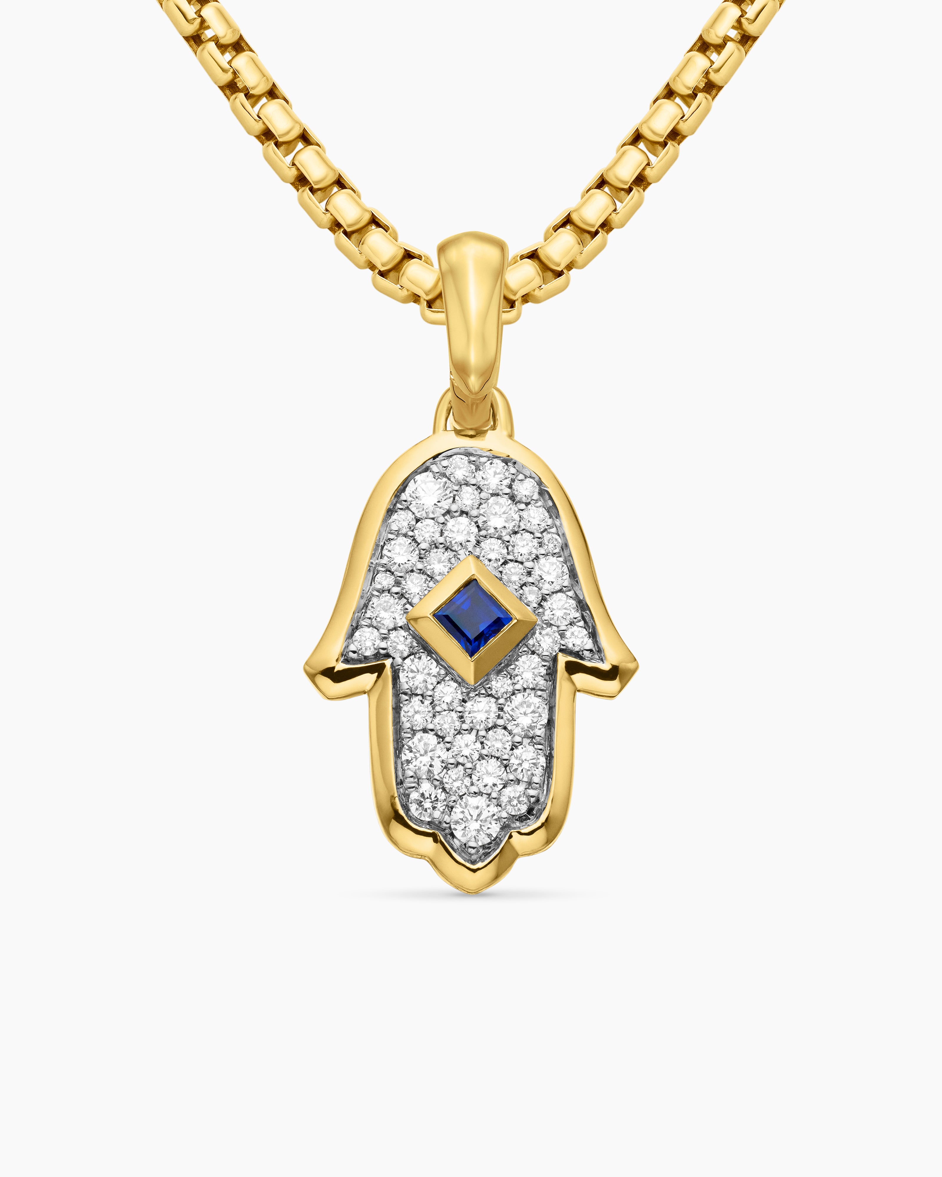 Womens Hamsa Amulet in 18K Yellow Gold with Pav&eacute; Diamonds and Blue Sapphire, 24.6mm