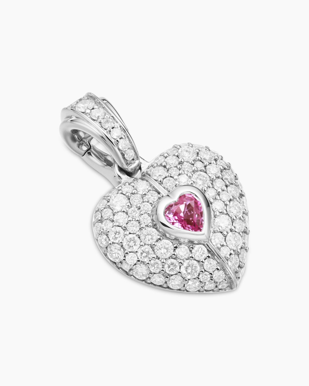 Womens SY Heart Amulet in 18K White Gold with Diamonds and Pink Sapphire, 12.8mm