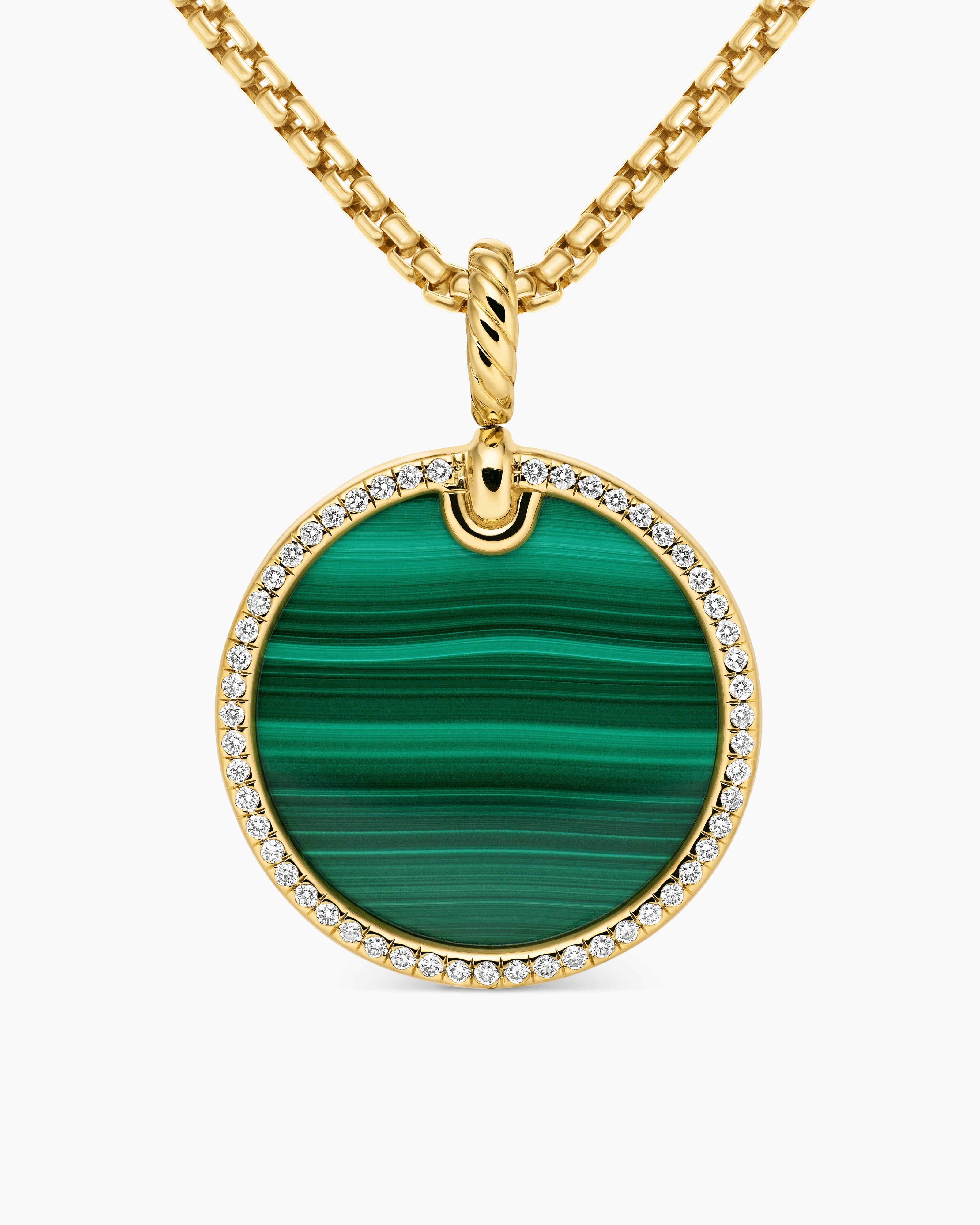 Womens DY Elements&reg; Disc Pendant in 18K Yellow Gold with Malachite and Diamond Rim, 24mm