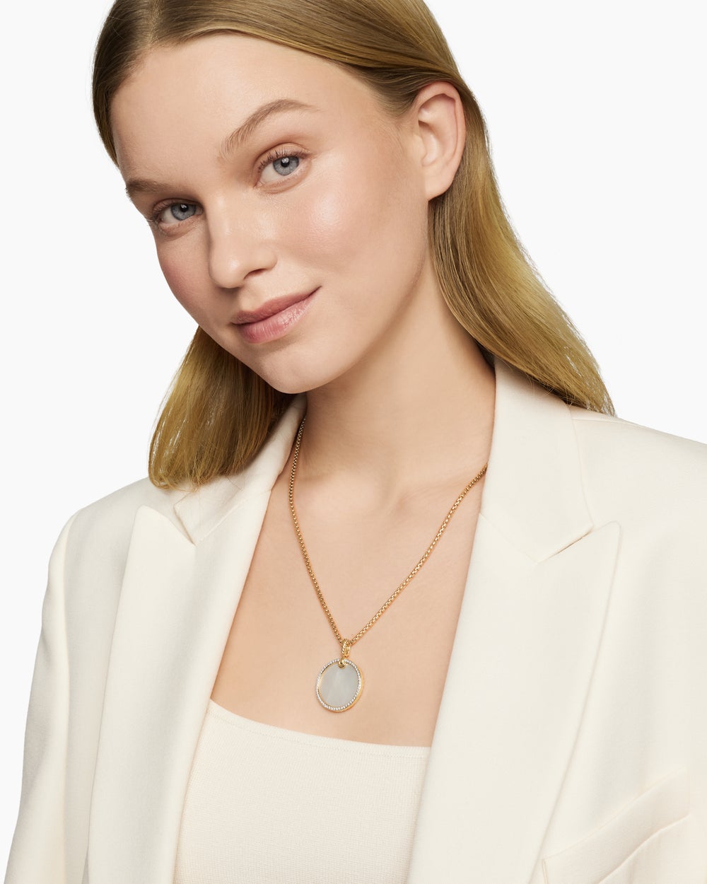 Womens DY Elements® Disc Pendant in 18K Yellow Gold with Mother of Pearl and Diamond Rim, 24mm