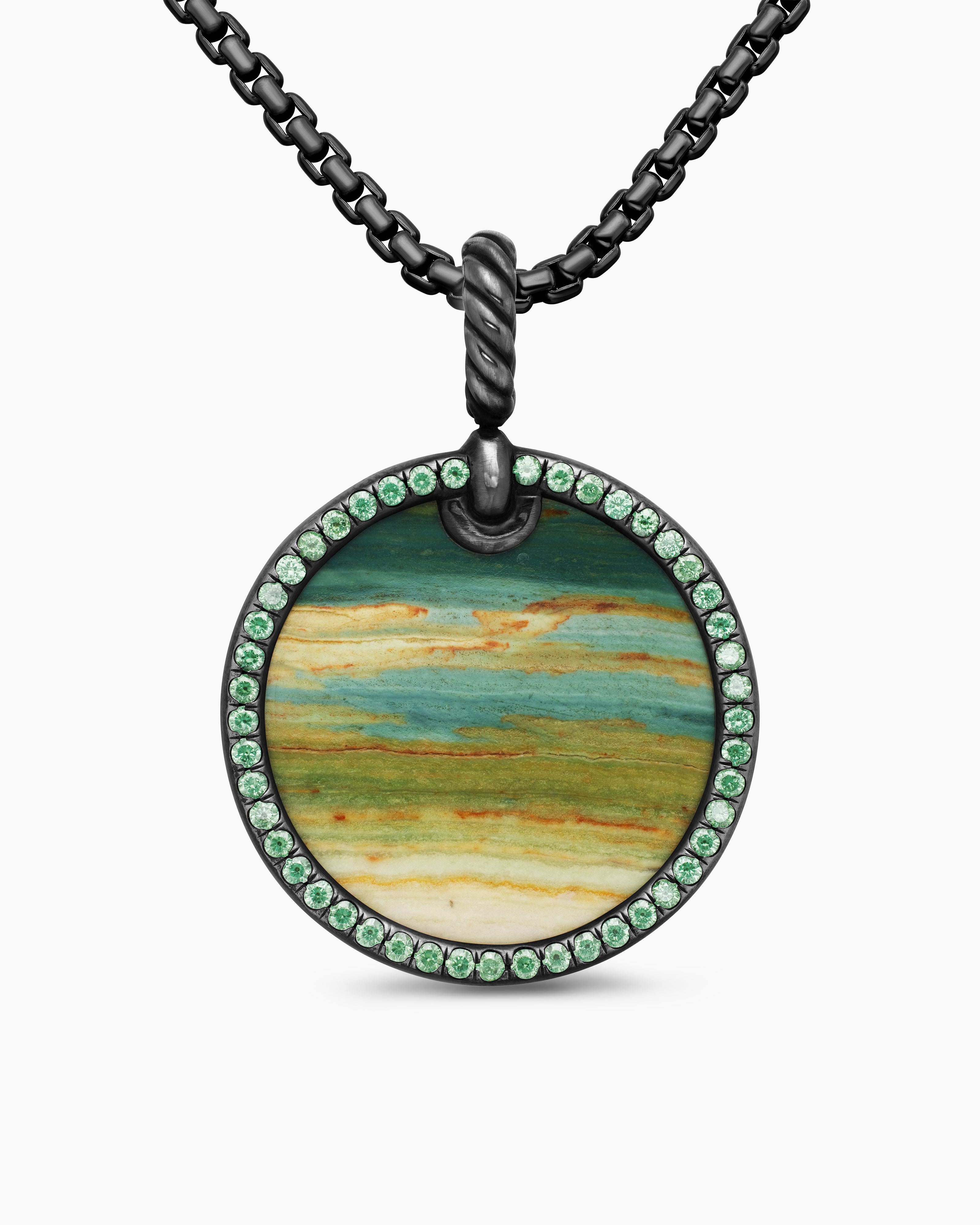Womens Limited DY Elements&reg; Disc Pendant in Blackened Silver with Bogwood and Pav&eacute; Tsavorites, 24mm