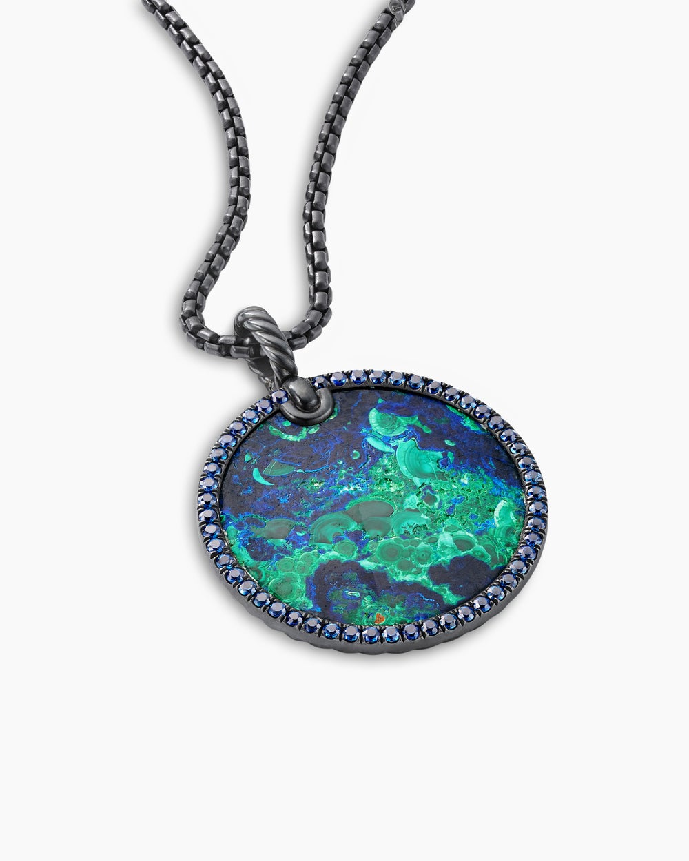 Womens Limited DY Elements® Disc Pendant in Blackened Silver with Azurite and Pavé Blue Sapphires, 32mm