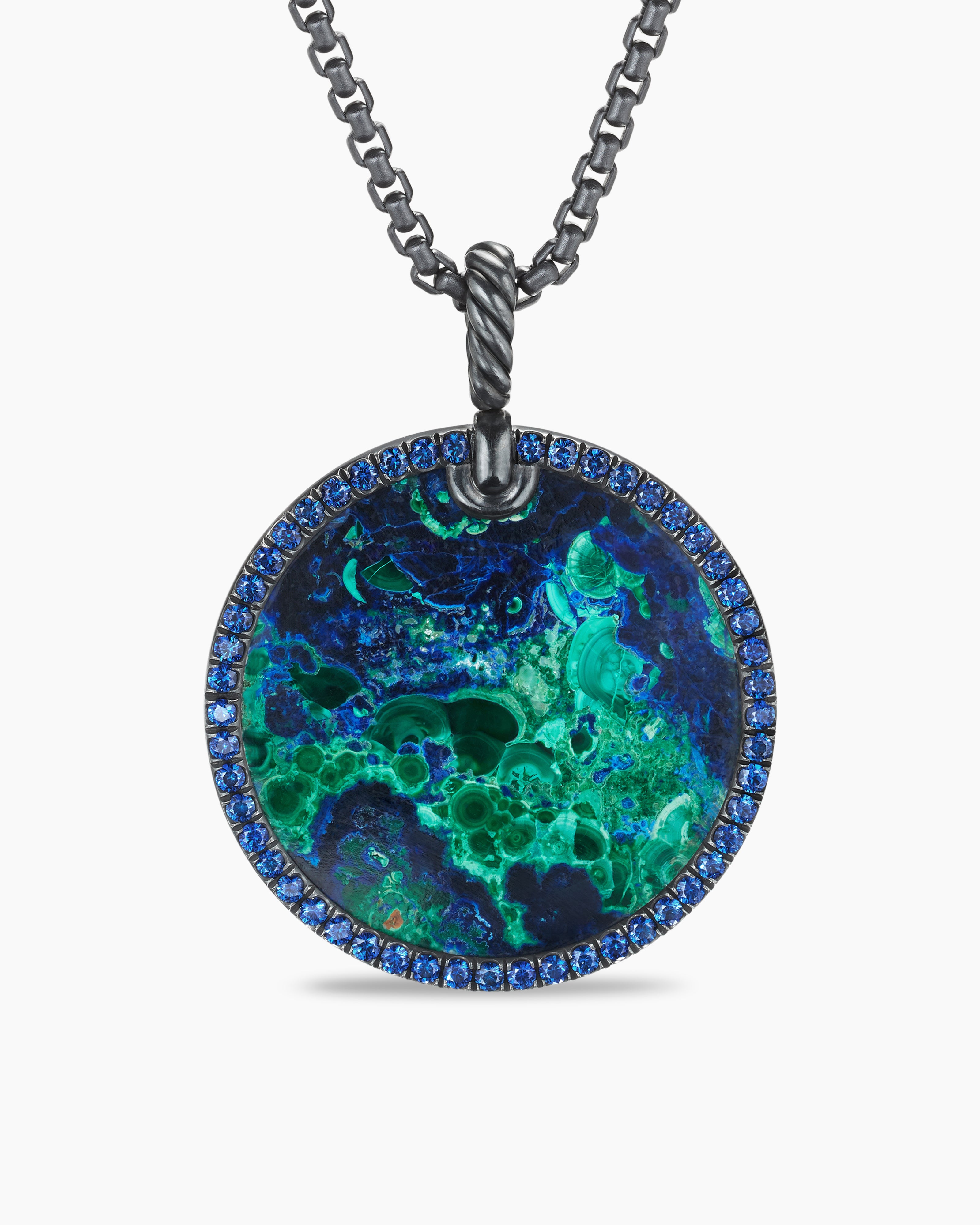Womens Limited DY Elements&reg; Disc Pendant in Blackened Silver with Azurite and Pav&eacute; Blue Sapphires, 32mm