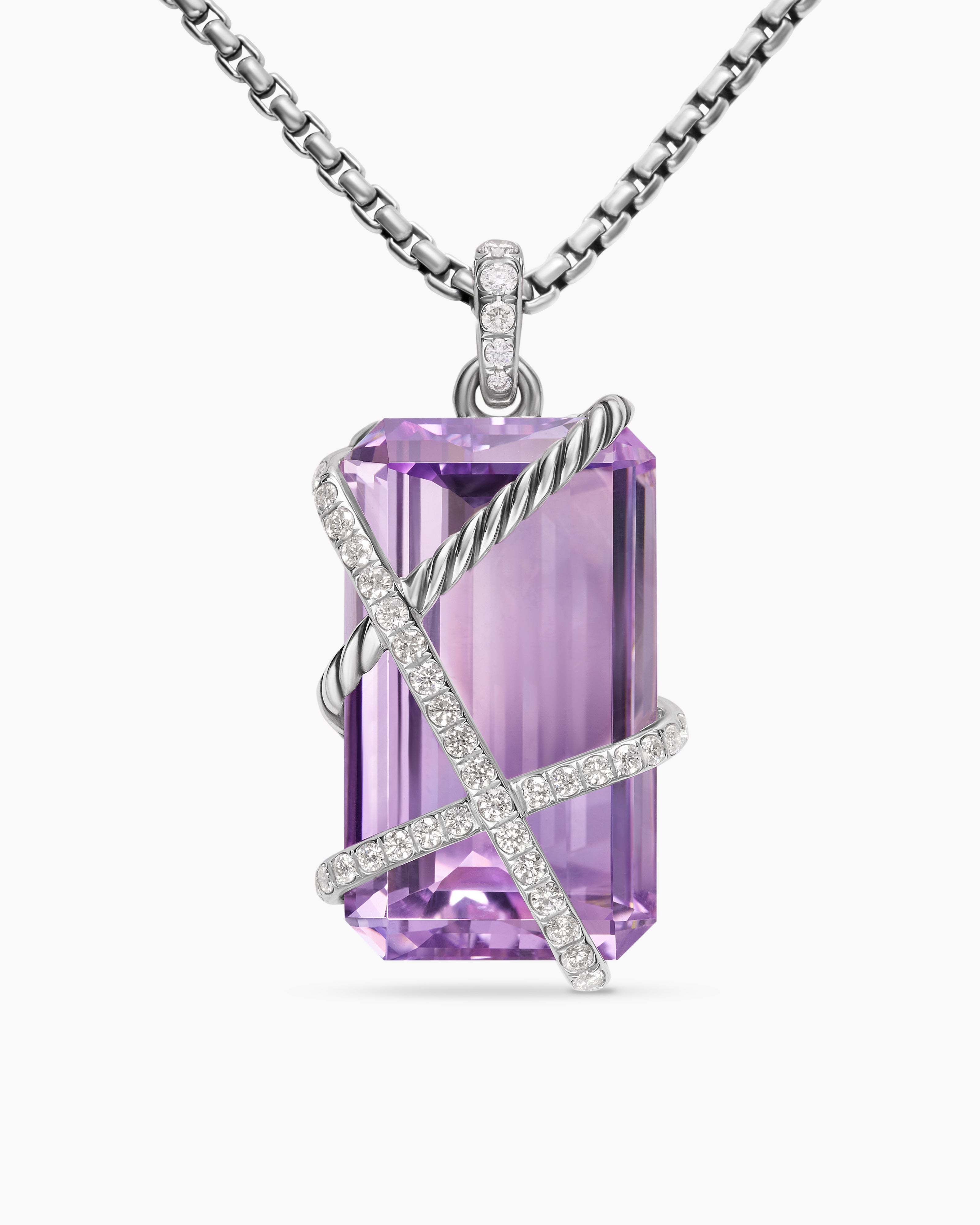 Womens Cable Wrap Amulet in Sterling Silver with Lavender Amethyst and Diamonds, 32mm