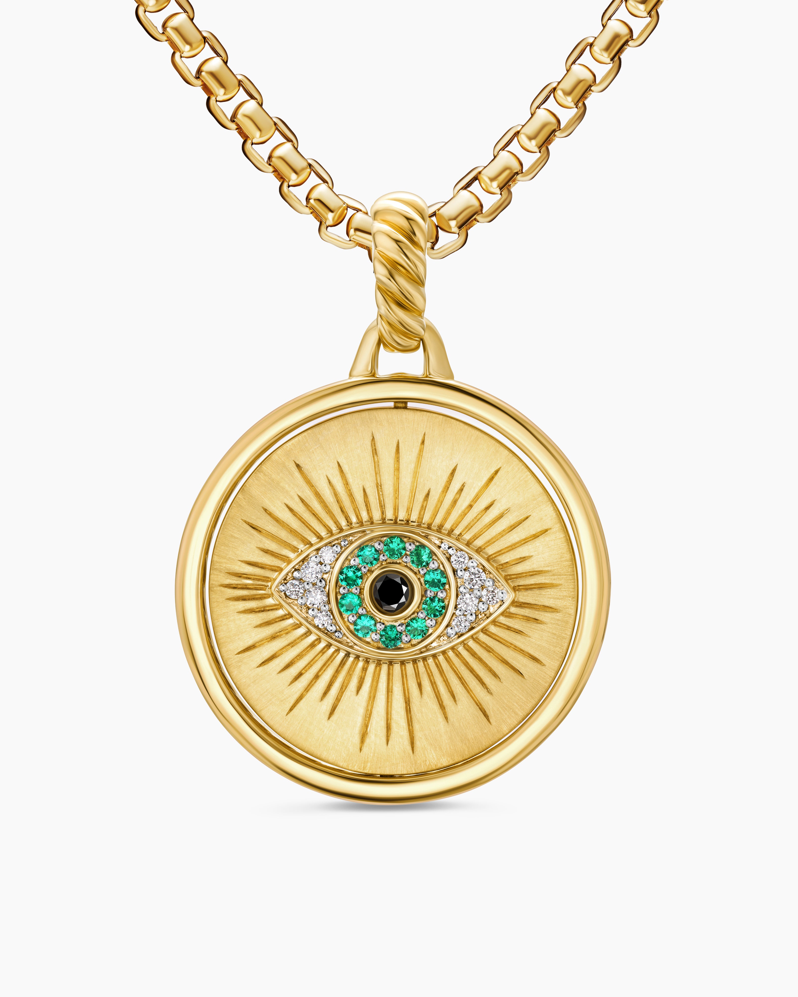 Womens Protection and Health Duality Pendant in 18K Yellow Gold with Dark Green Enamel, Emeralds and Diamonds, 22.3mm