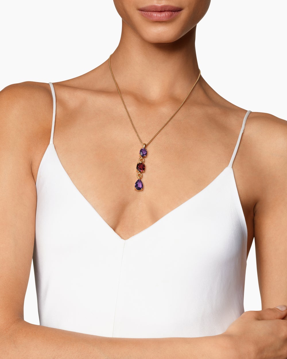 Womens Marbella Y Pendant in 18K Yellow Gold with Amethyst and Rhodolite Garnet, 57.8mm