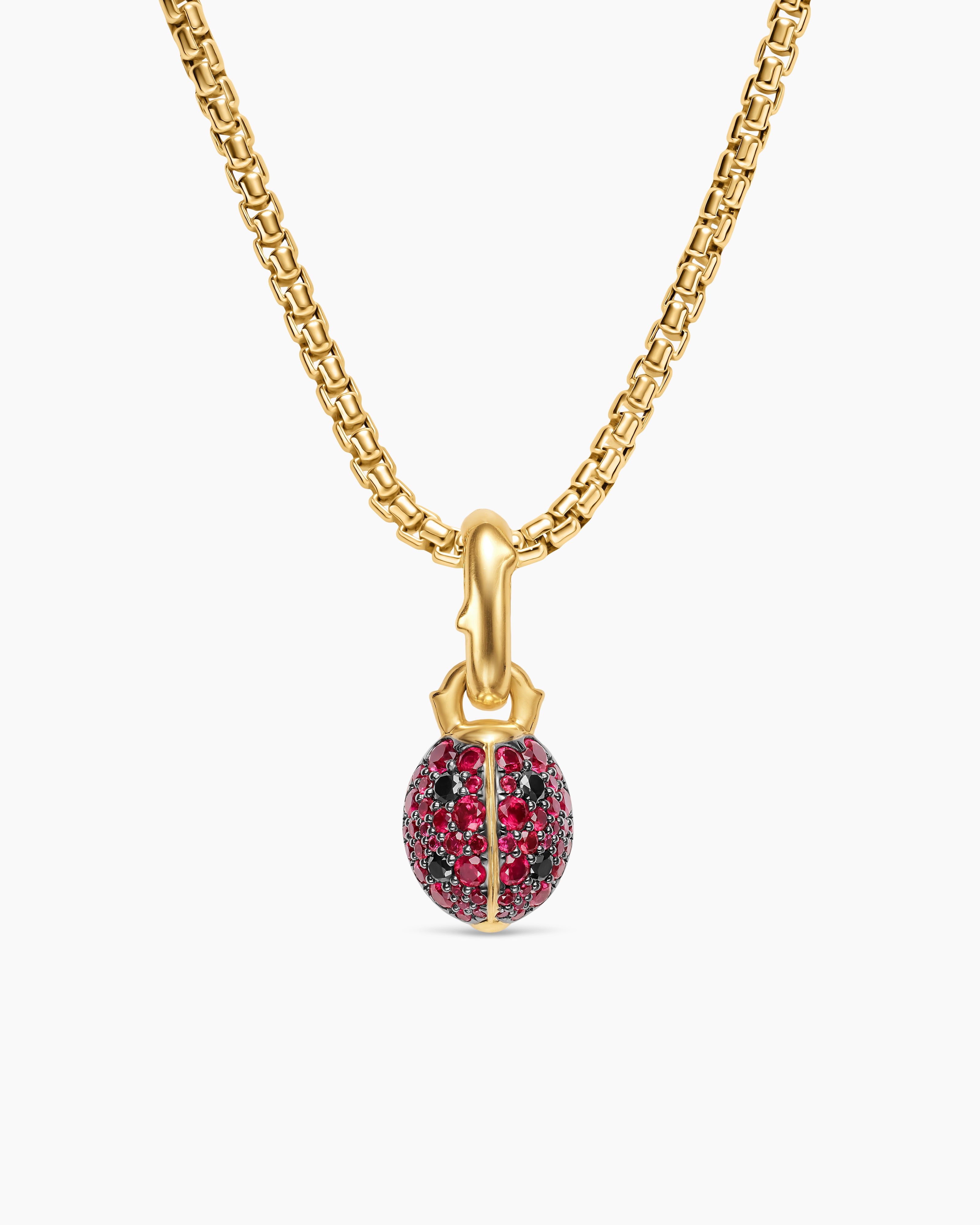 Womens Ladybug Amulet in 18K Yellow Gold with Rubies and Black Diamonds, 12.7mm