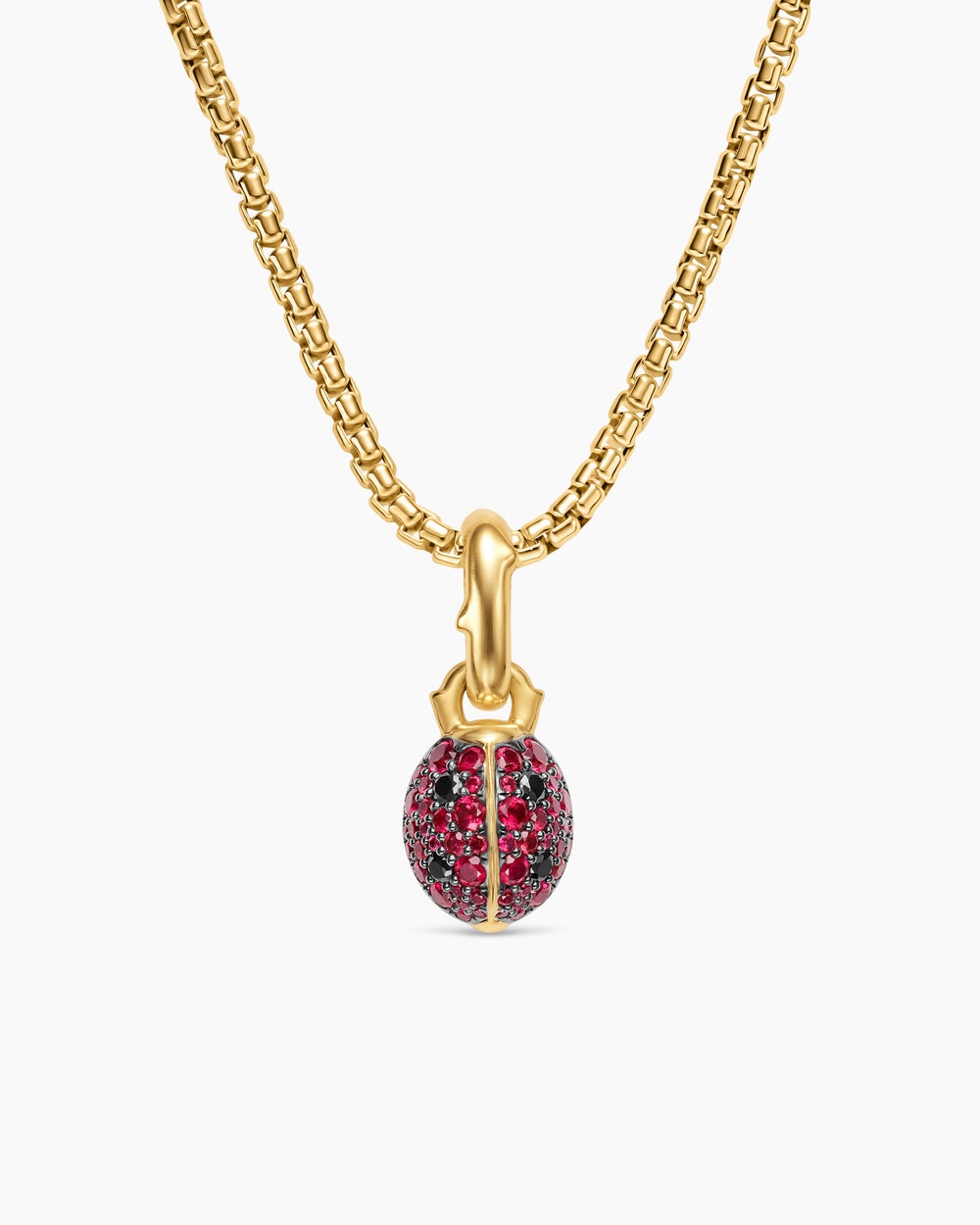 Womens Ladybug Amulet in 18K Yellow Gold with Rubies and Black Diamonds, 12.7mm