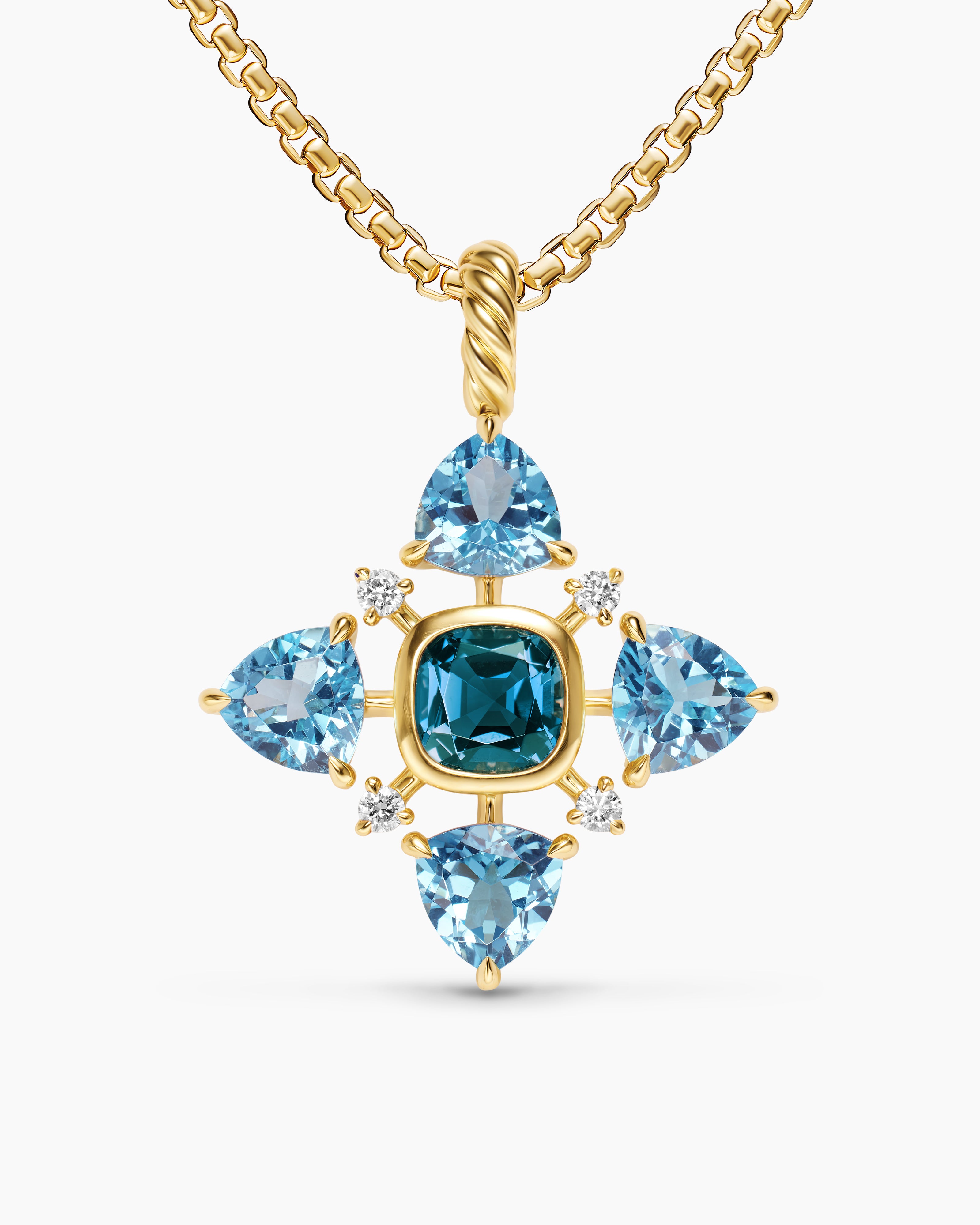 Womens Renaissance&reg; Quad Pendant in 18K Yellow Gold with Blue Topaz, Hampton Blue Topaz and Diamonds, 36mm